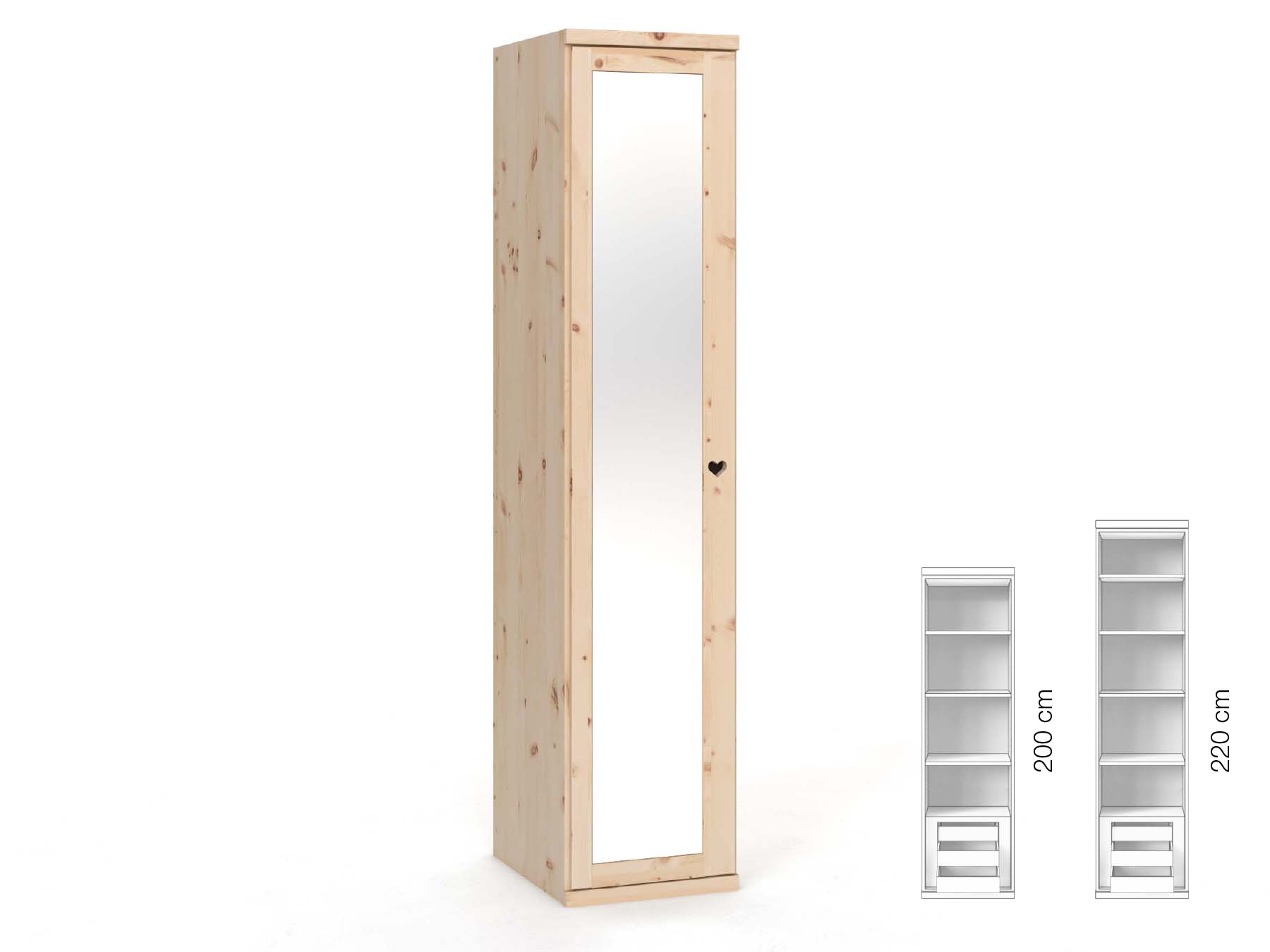 Zirbenschrank „Sandra“, 1-türig, Höhe 220 cm, Griffausführung „Heidi“, Inneneinrichtung: C, Türanschlag links