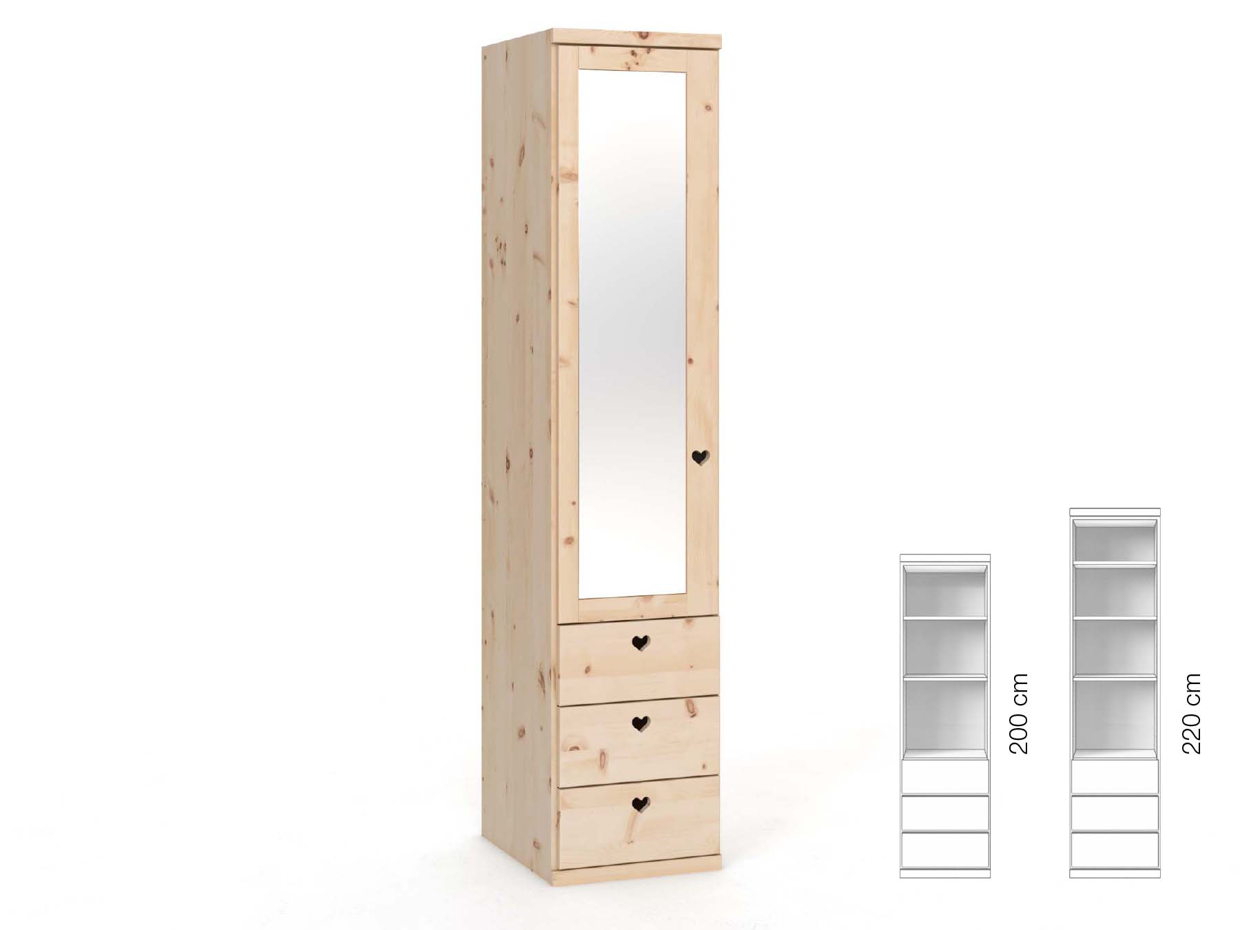 Zirbenschrank „Sandra“, 1-türig, Höhe 220 cm, Griffausführung „Heidi“, Inneneinrichtung: D, Türanschlag links