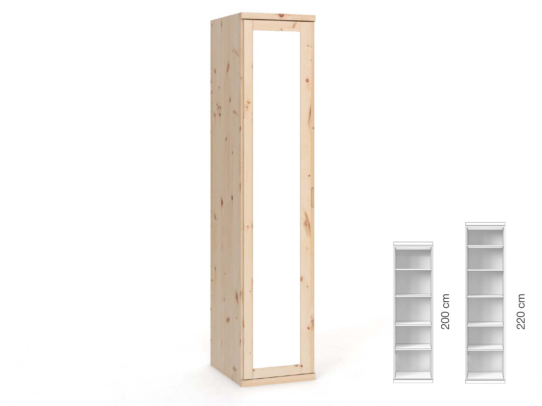 Zirbenschrank „Sandra“, 1-türig, Höhe 220 cm, Griffausführung „Lukas“, Inneneinrichtung: B, Türanschlag links