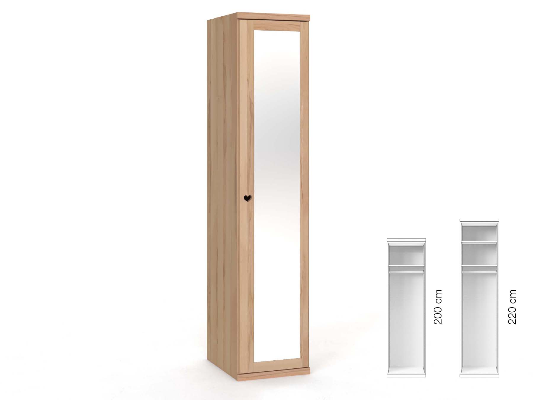 Buchenschrank „Sandra“, 1-türig, Höhe 220 cm, Griffausführung „Heidi“, Inneneinrichtung: A, Türanschlag rechts