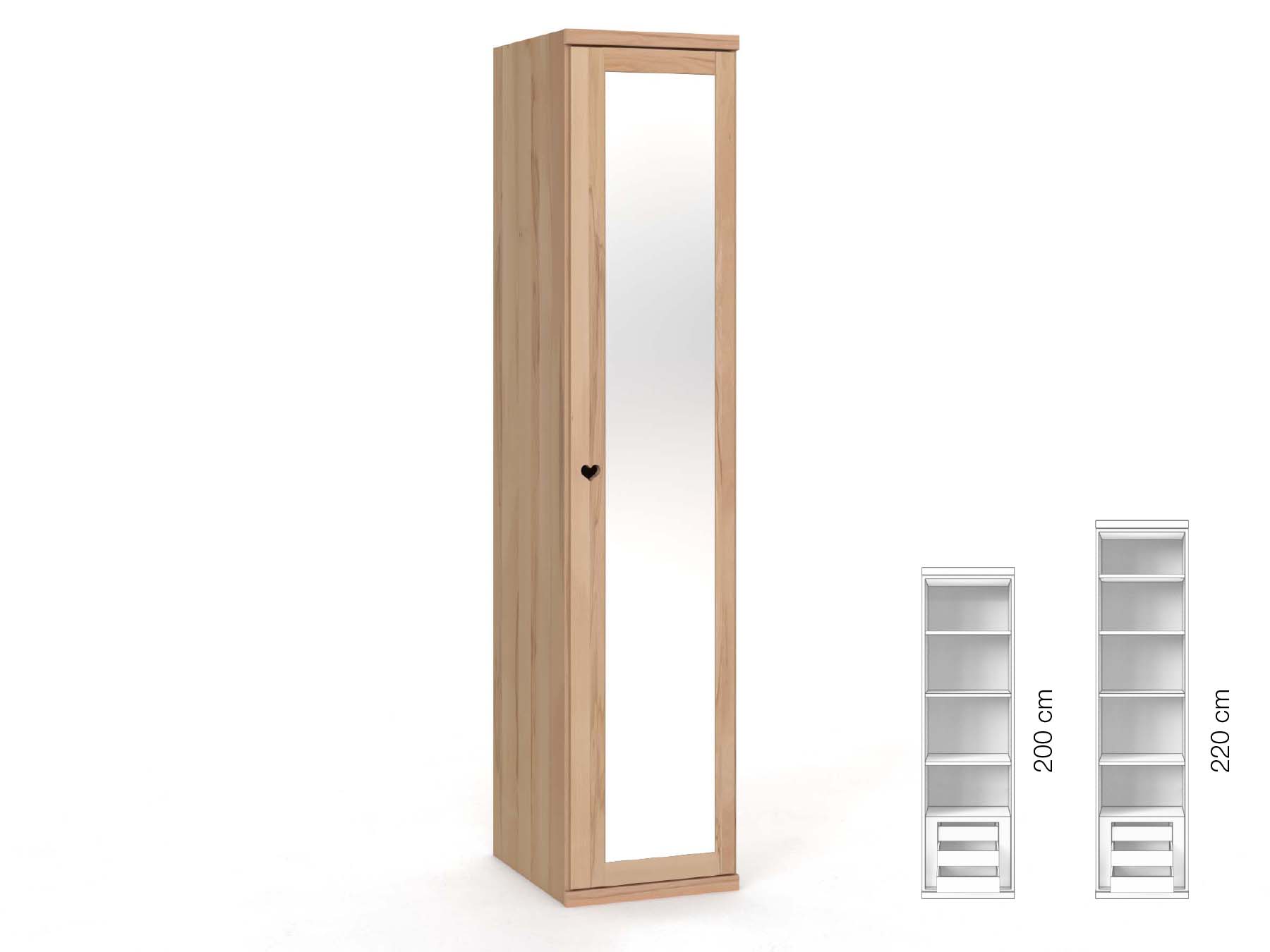 Buchenschrank „Sandra“, 1-türig, Höhe 220 cm, Griffausführung „Heidi“, Inneneinrichtung: C, Türanschlag rechts
