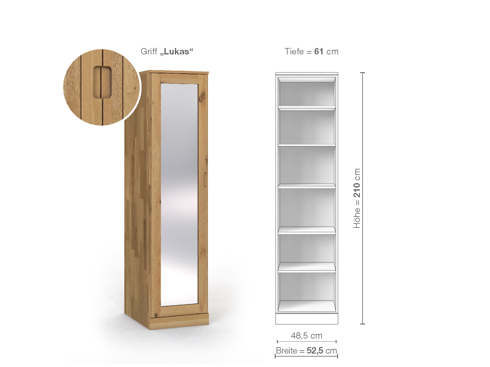 Schrank „Alpenrose“ aus Wildeiche Hell, 1-türig, Höhe 210 cm, Griffausführung „Lukas“, Inneneinrichtung B, Türanschlag links