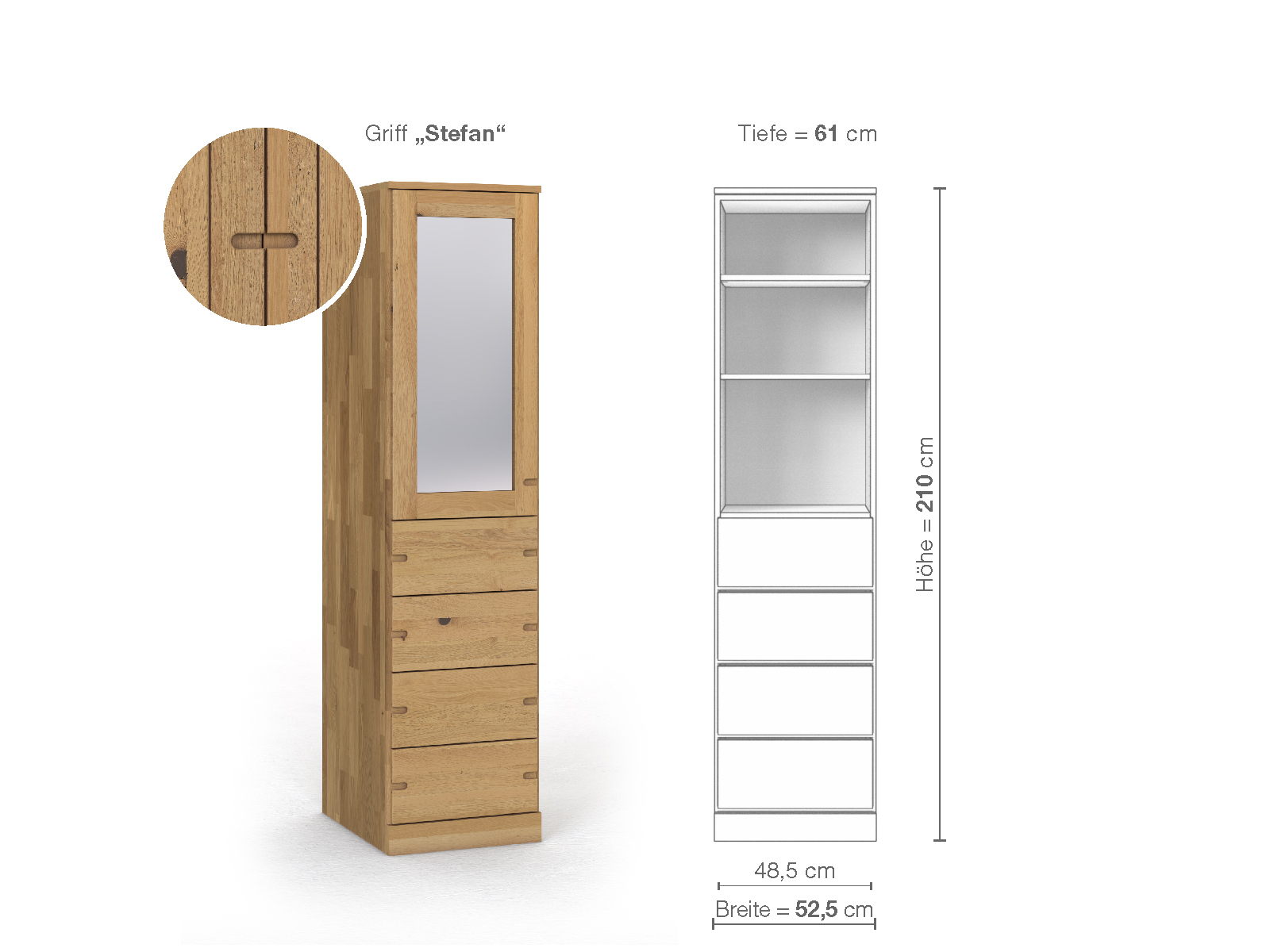 Schrank „Alpenrose“ aus Wildeiche Hell, 1-türig, Höhe 210 cm, Griffausführung „Stefan“, Inneneinrichtung D, Türanschlag links