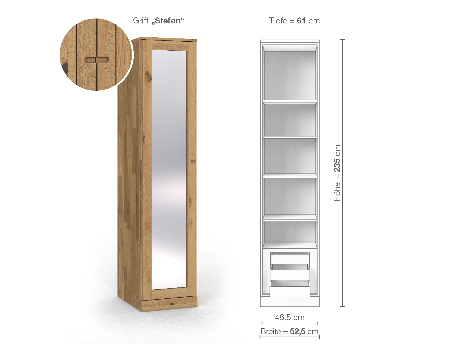 Schrank „Alpenrose“ aus Wildeiche Hell, 1-türig, Höhe 235 cm, Griffausführung „Stefan“, Inneneinrichtung C, Türanschlag links