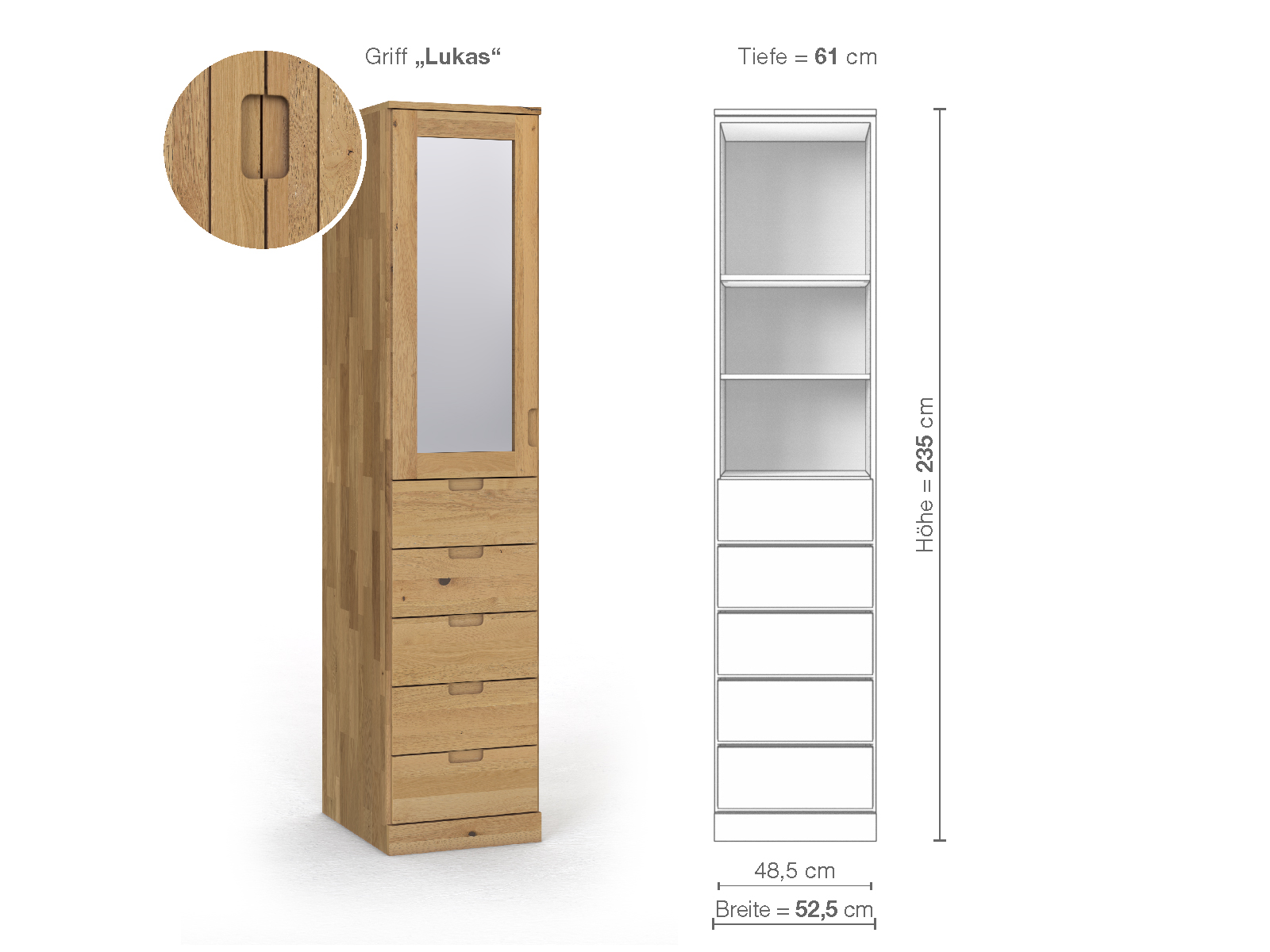 Schrank „Alpenrose“ aus Wildeiche Hell, 1-türig, Höhe 235 cm, Griffausführung „Lukas“, Inneneinrichtung D, Türanschlag links