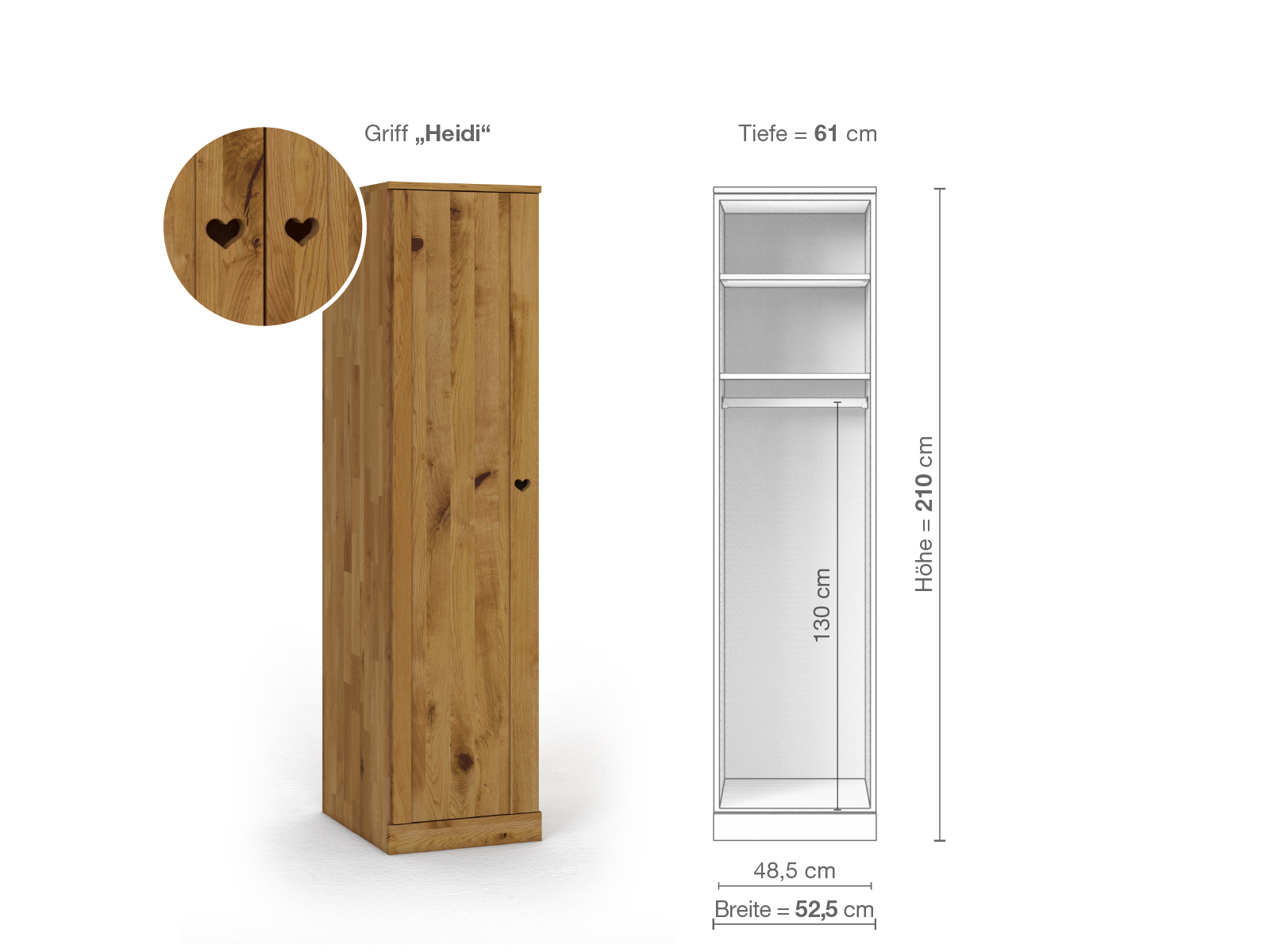 Wildeichenschrank „Arnika“, 1-türig, Höhe 210 cm, Griffausführung „Heidi“, Inneneinrichtung A, Türanschlag links