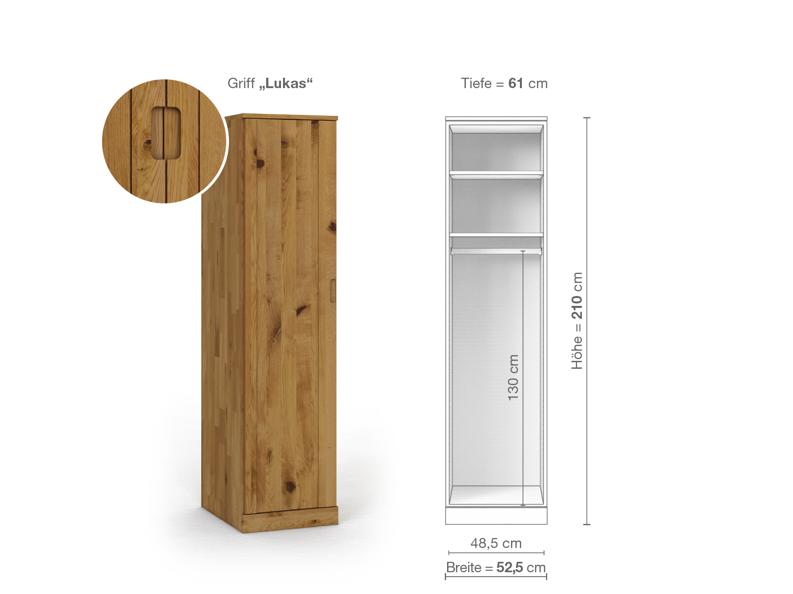 Wildeichenschrank „Arnika“, 1-türig, Höhe 210 cm, Griffausführung „Lukas“, Inneneinrichtung A, Türanschlag links