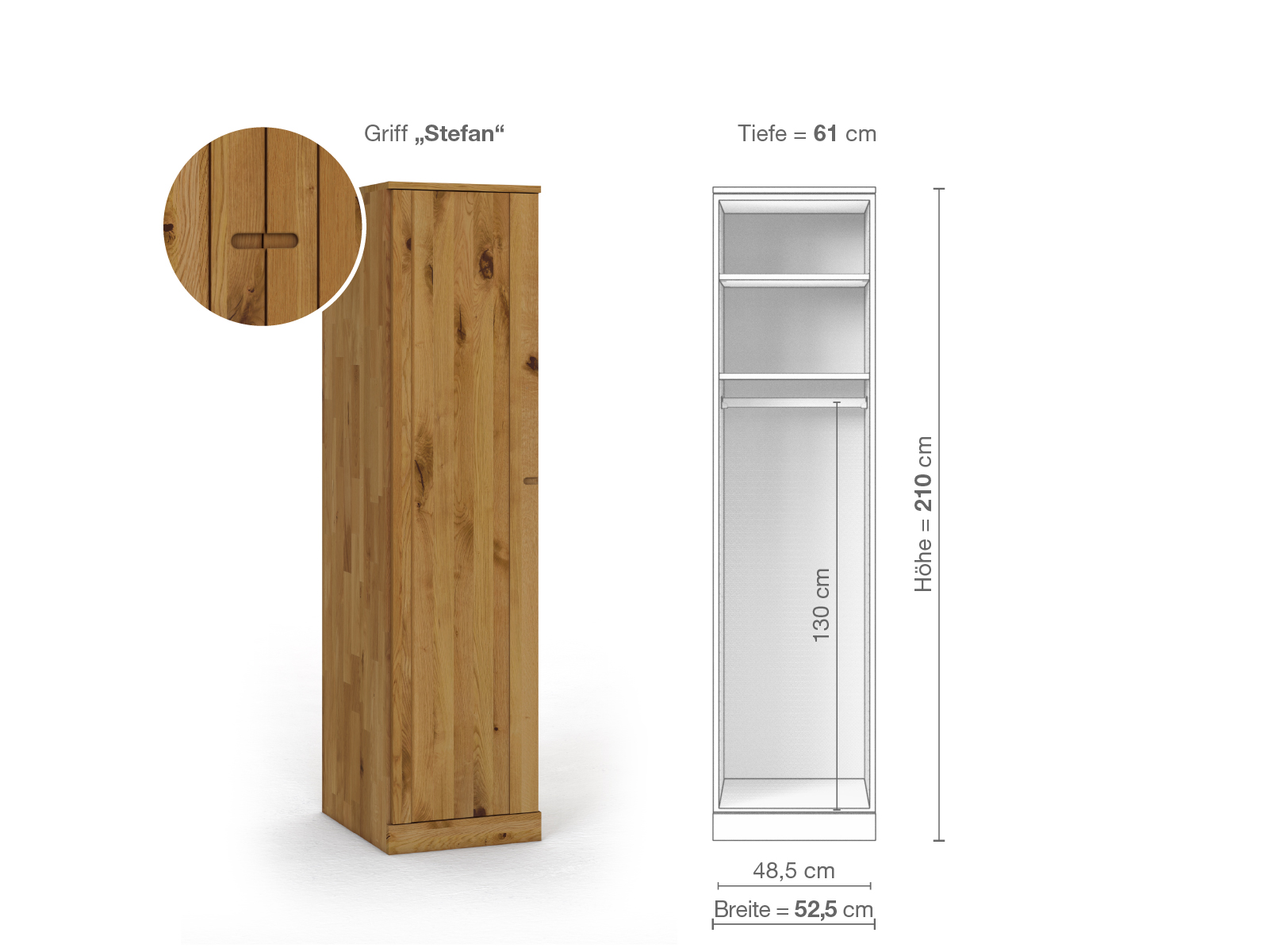 Wildeichenschrank „Arnika“, 1-türig, Höhe 210 cm, Griffausführung „Stefan“, Inneneinrichtung A, Türanschlag links