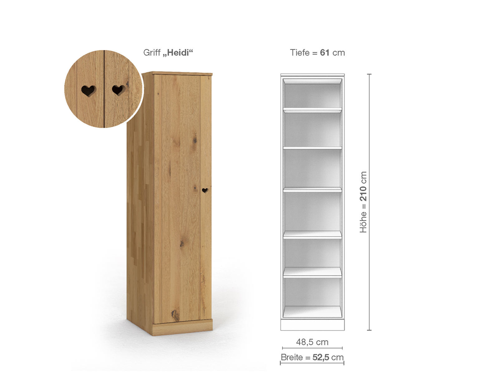 Wildeichenschrank Hell „Arnika“, 1-türig, Höhe 210 cm, Griffausführung „Heidi“, Inneneinrichtung B, Türanschlag links