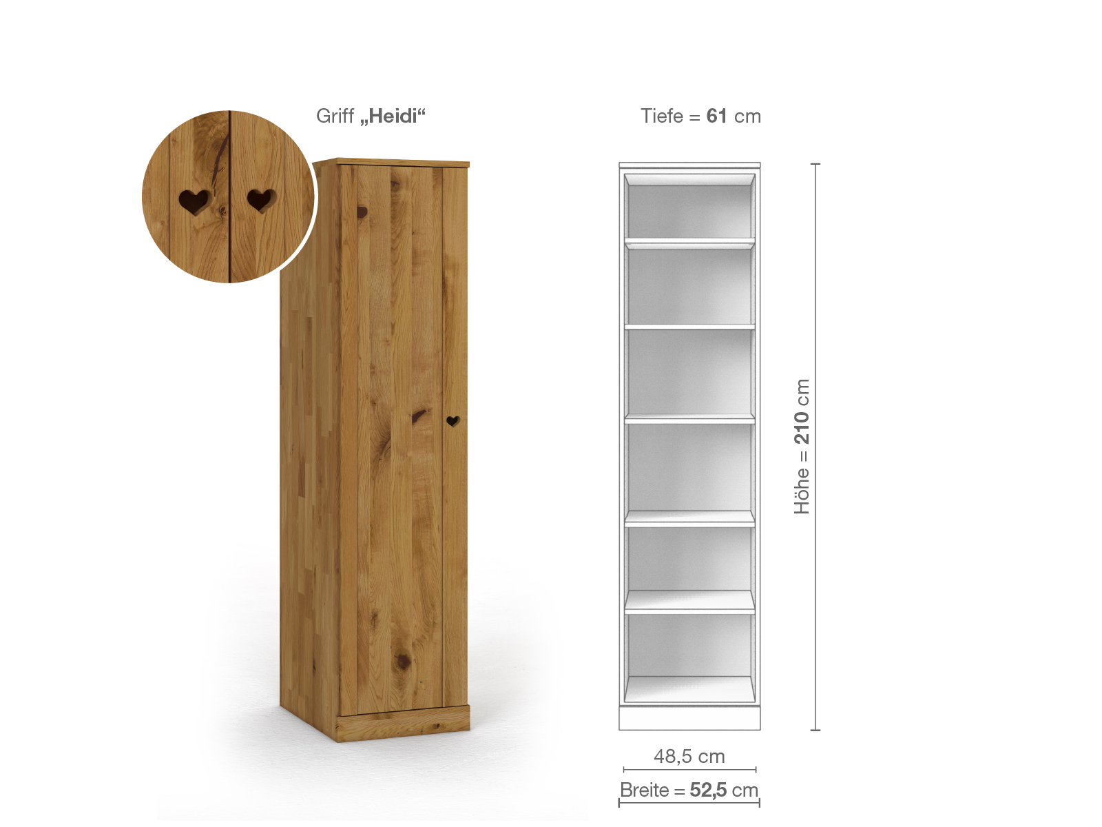 Wildeichenschrank „Arnika“, 1-türig, Höhe 210 cm, Griffausführung „Heidi“, Inneneinrichtung B, Türanschlag links