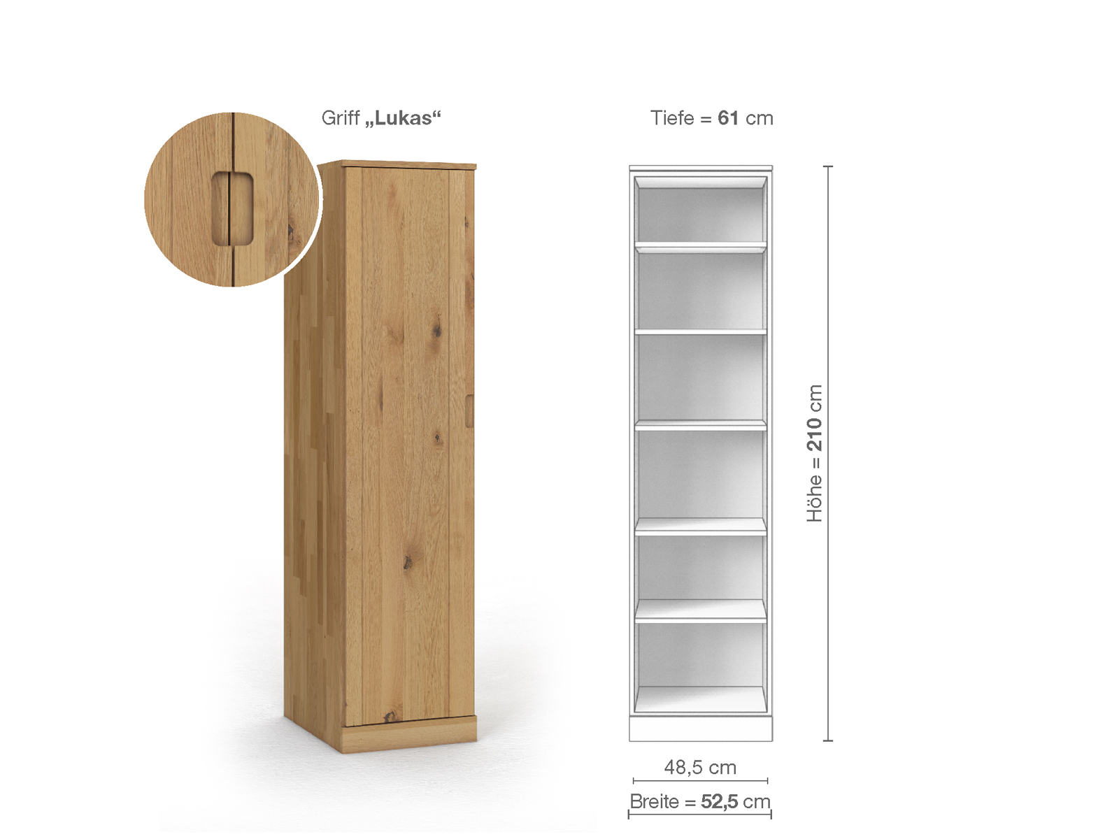 Wildeichenschrank Hell „Arnika“, 1-türig, Höhe 210 cm, Griffausführung „Lukas“, Inneneinrichtung B, Türanschlag links