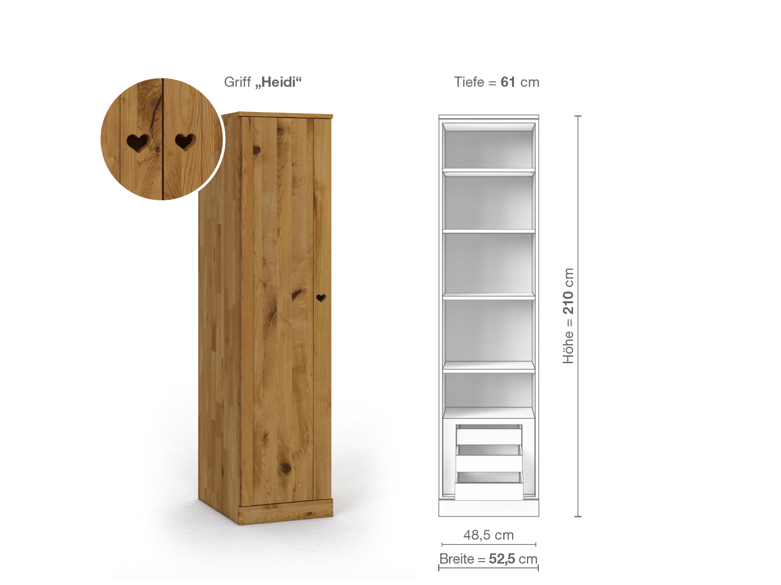 Wildeichenschrank „Arnika“, 1-türig, Höhe 210 cm, Griffausführung „Heidi“, Inneneinrichtung C, Türanschlag links