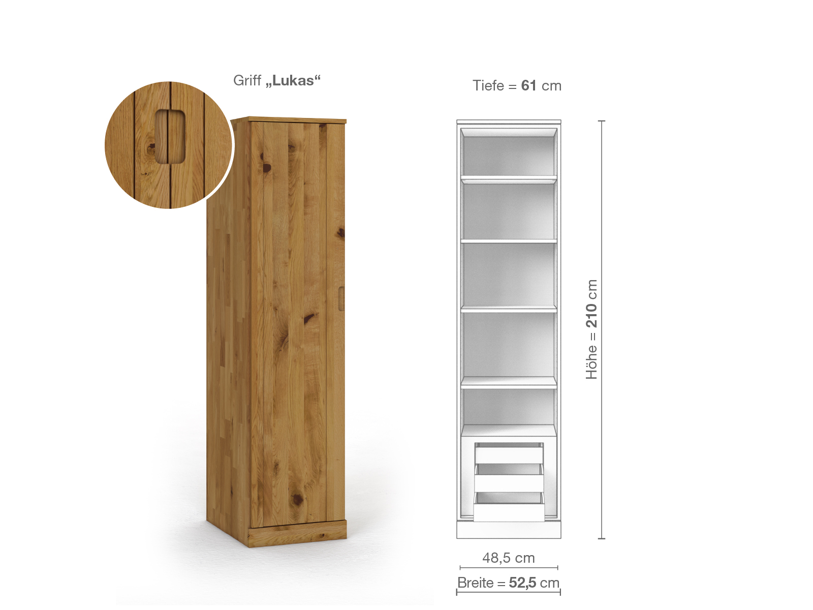 Wildeichenschrank „Arnika“, 1-türig, Höhe 210 cm, Griffausführung „Lukas“, Inneneinrichtung C, Türanschlag links