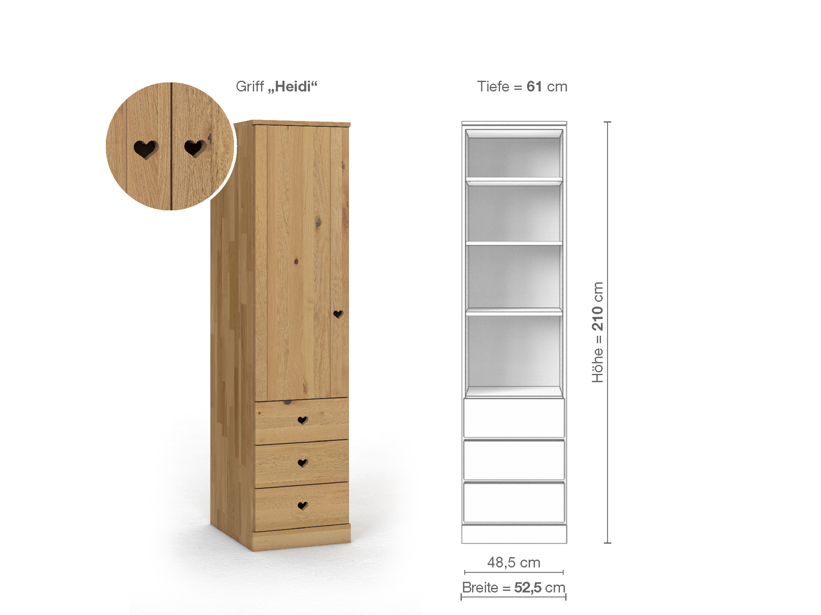 Wildeichenschrank Hell „Arnika“, 1-türig, Höhe 210 cm, Griffausführung „Heidi“, Inneneinrichtung D, Türanschlag links