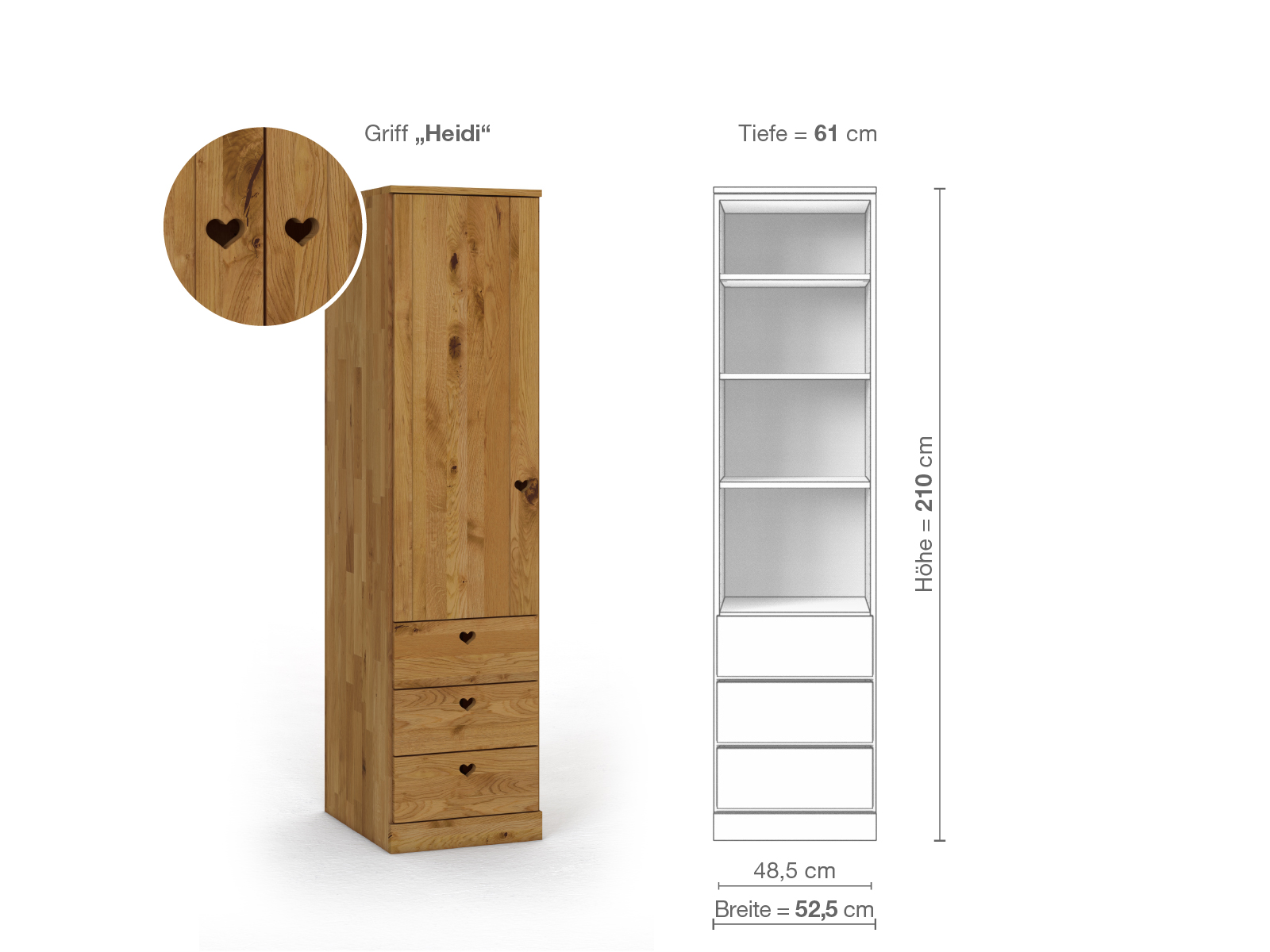 Wildeichenschrank „Arnika“, 1-türig, Höhe 210 cm, Griffausführung „Heidi“, Inneneinrichtung D, Türanschlag links