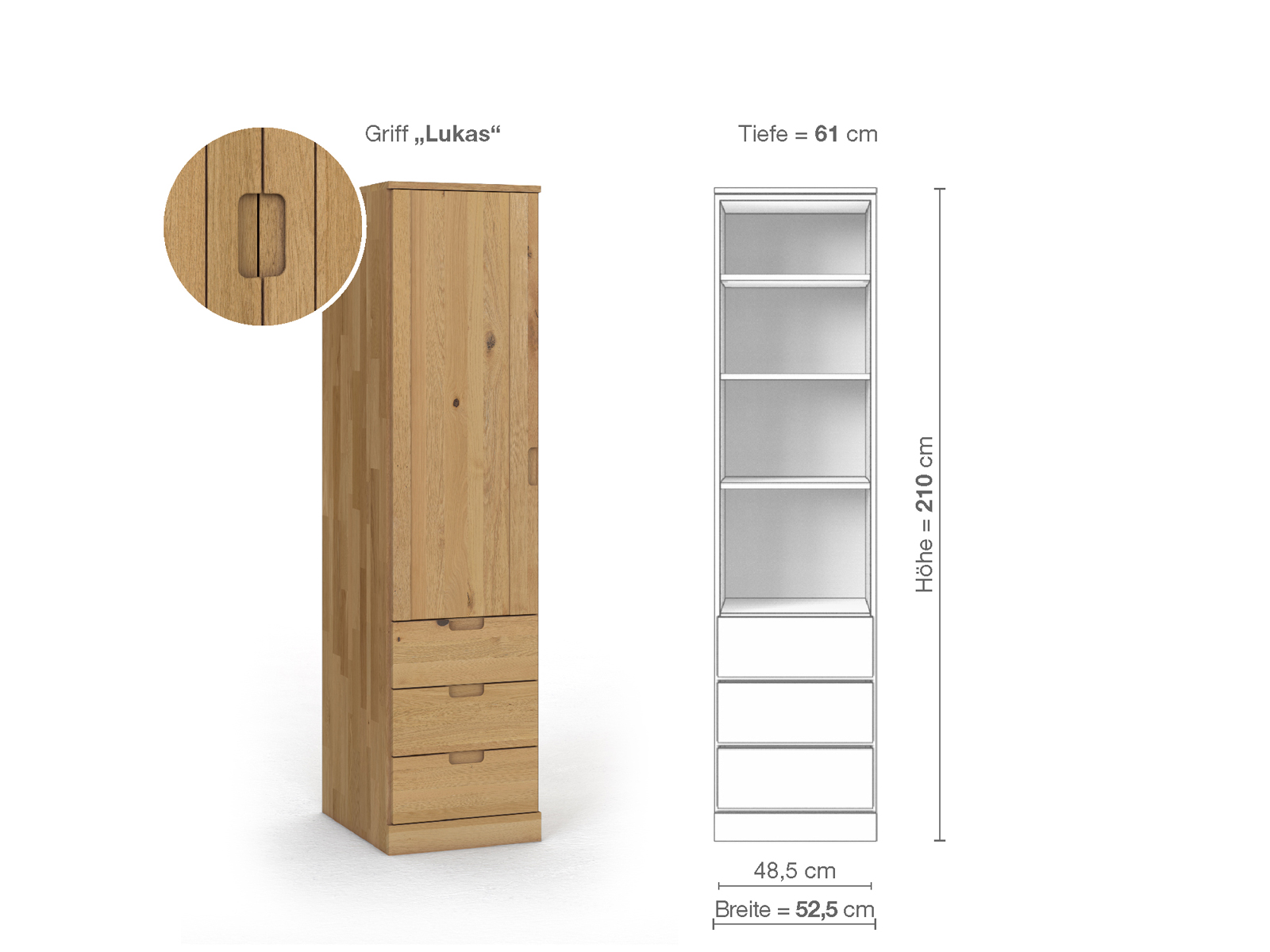 Wildeichenschrank Hell „Arnika“, 1-türig, Höhe 210 cm, Griffausführung „Lukas“, Inneneinrichtung D, Türanschlag links