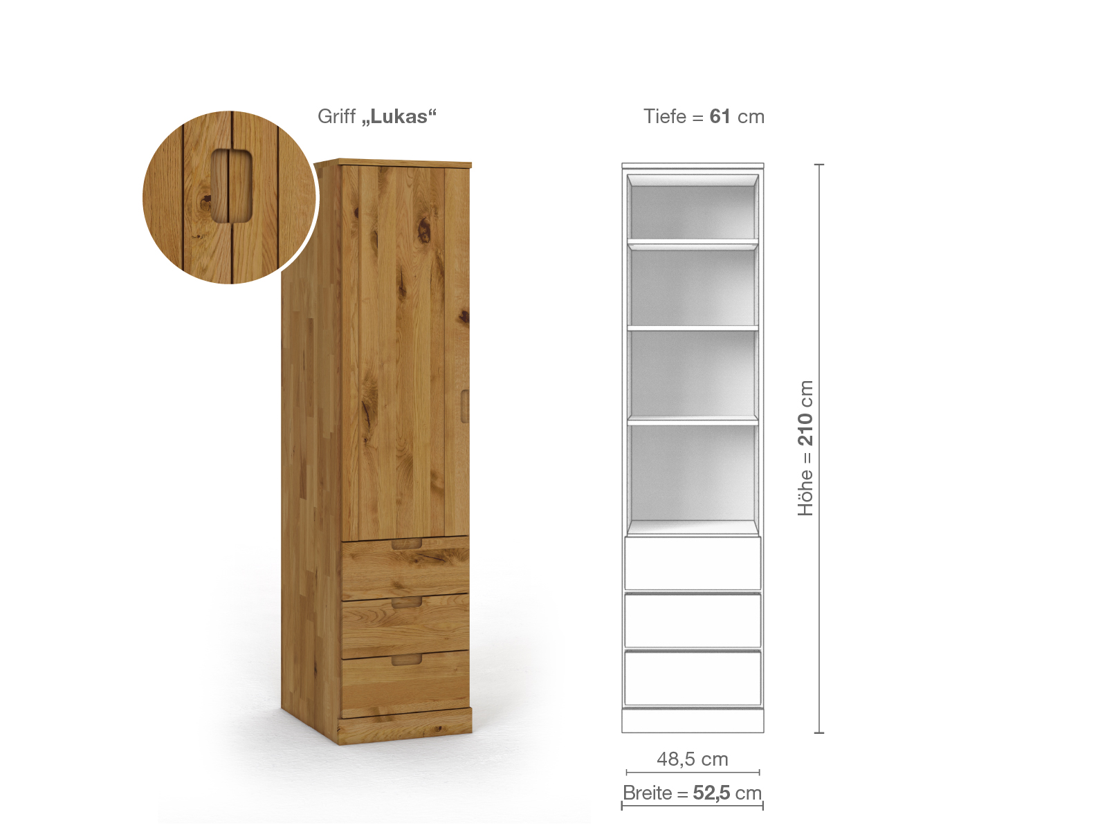 Wildeichenschrank „Arnika“, 1-türig, Höhe 210 cm, Griffausführung „Lukas“, Inneneinrichtung D, Türanschlag links