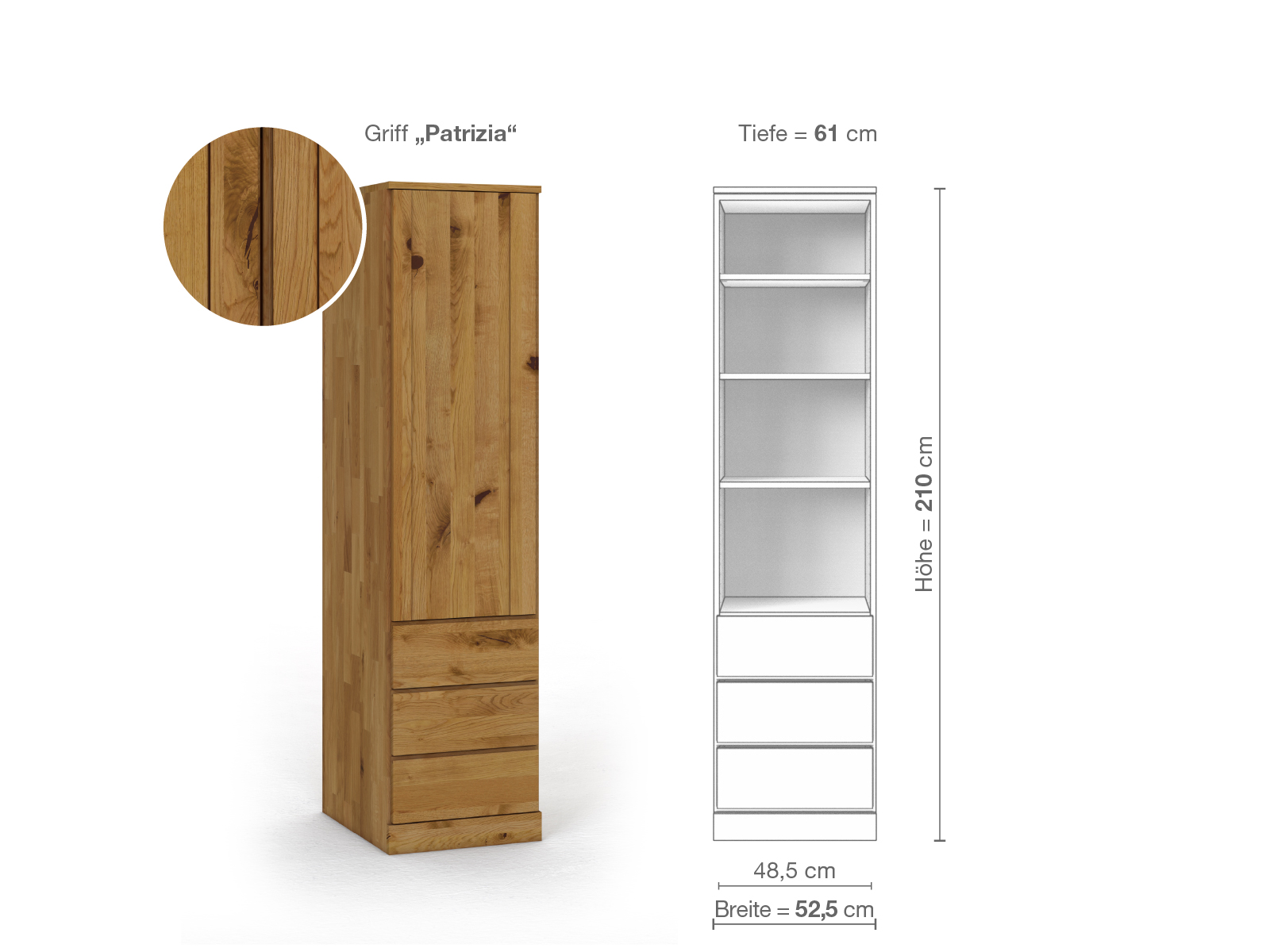 Wildeichenschrank „Arnika“, 1-türig, Höhe 210 cm, Griffausführung „Patrizia“, Inneneinrichtung D, Türanschlag links