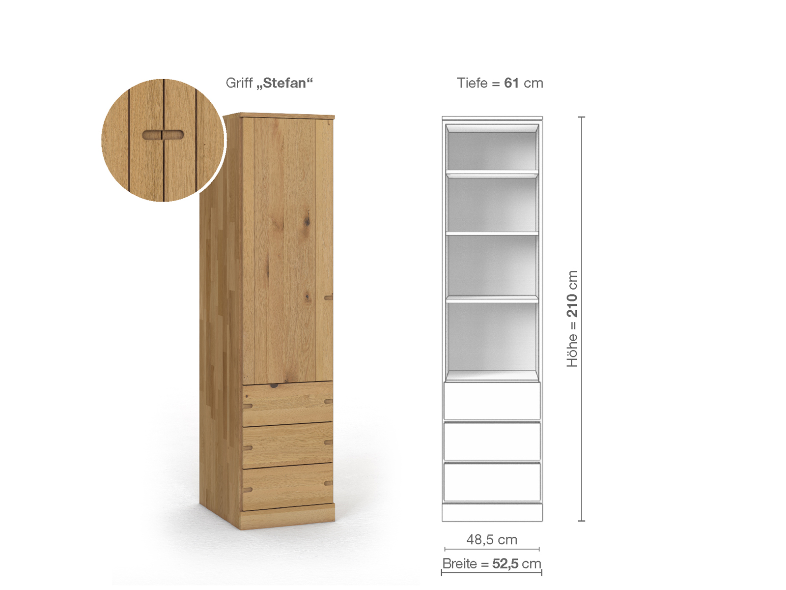 Wildeichenschrank Hell „Arnika“, 1-türig, Höhe 210 cm, Griffausführung „Stefan“, Inneneinrichtung D, Türanschlag links