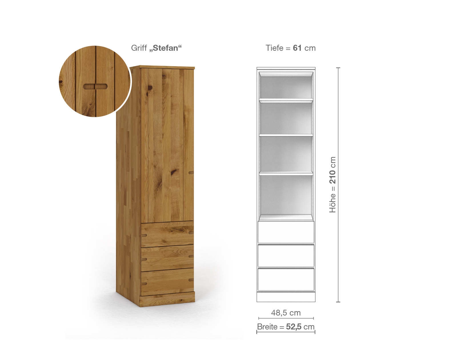 Wildeichenschrank „Arnika“, 1-türig, Höhe 210 cm, Griffausführung „Stefan“, Inneneinrichtung D, Türanschlag links