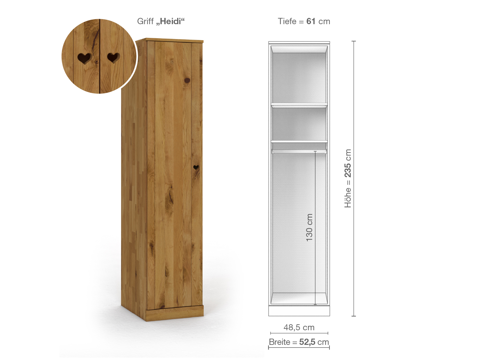 Wildeichenschrank „Arnika“, 1-türig, Höhe 235 cm, Griffausführung „Heidi“, Inneneinrichtung A, Türanschlag links