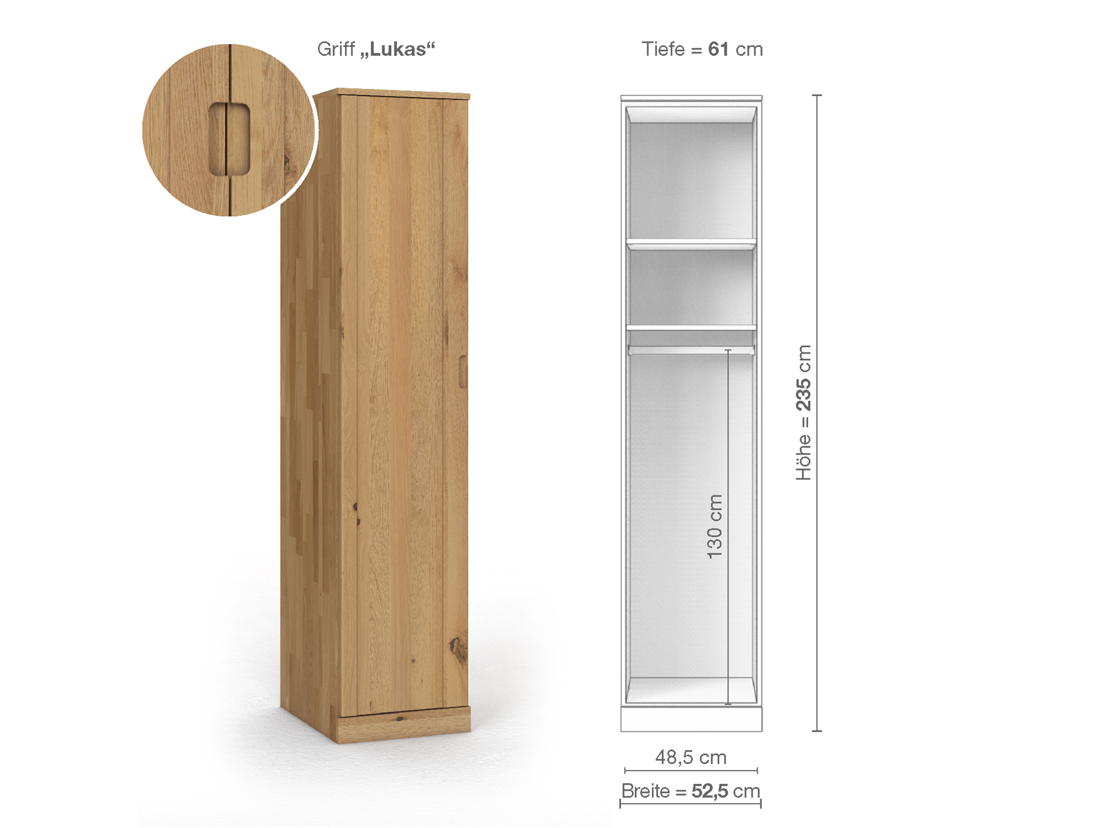 Wildeichenschrank Hell „Arnika“, 1-türig, Höhe 235 cm, Griffausführung „Lukas“, Inneneinrichtung A, Türanschlag links