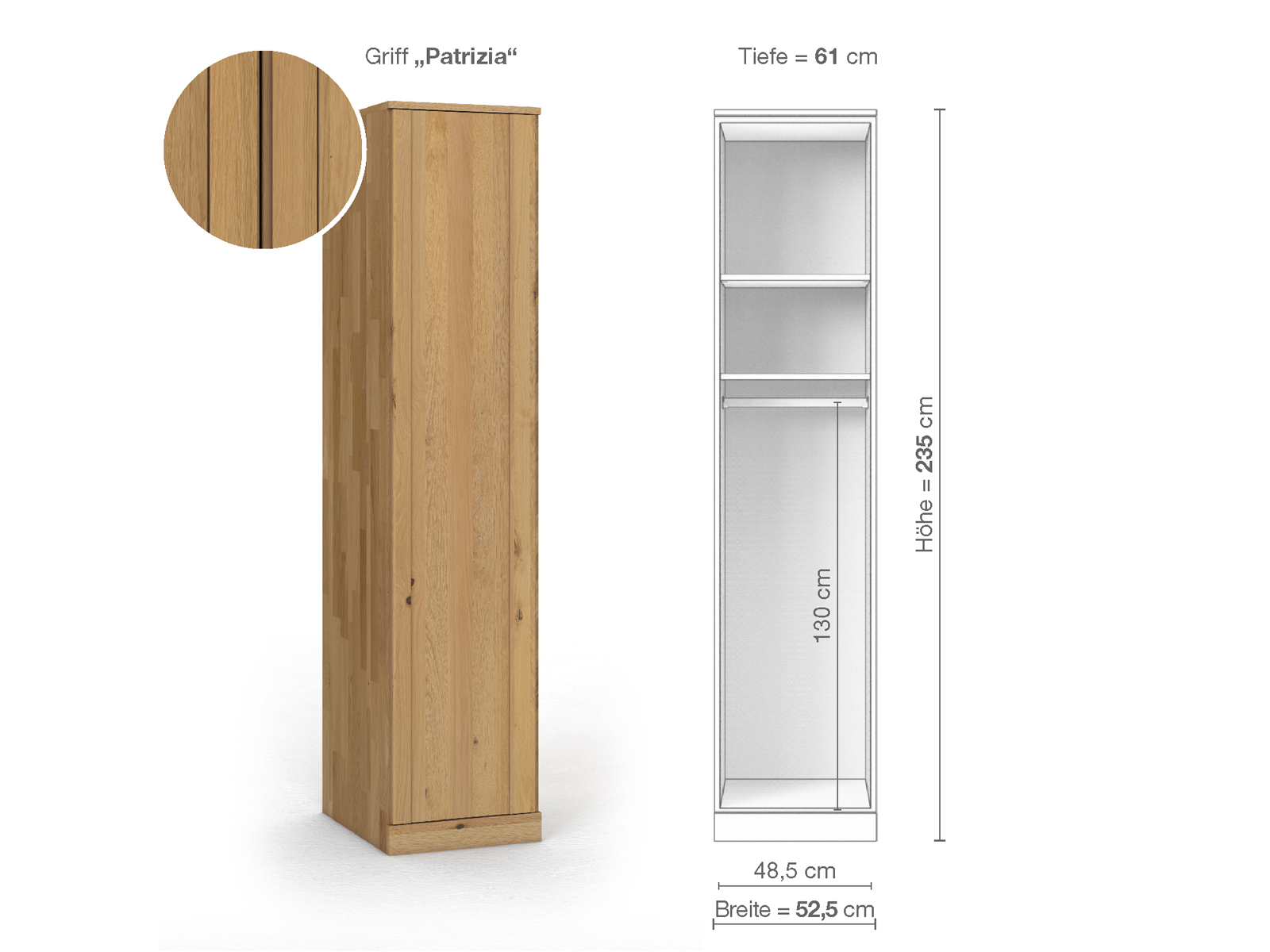 Wildeichenschrank Hell „Arnika“, 1-türig, Höhe 235 cm, Griffausführung „Patrizia“, Inneneinrichtung A, Türanschlag links