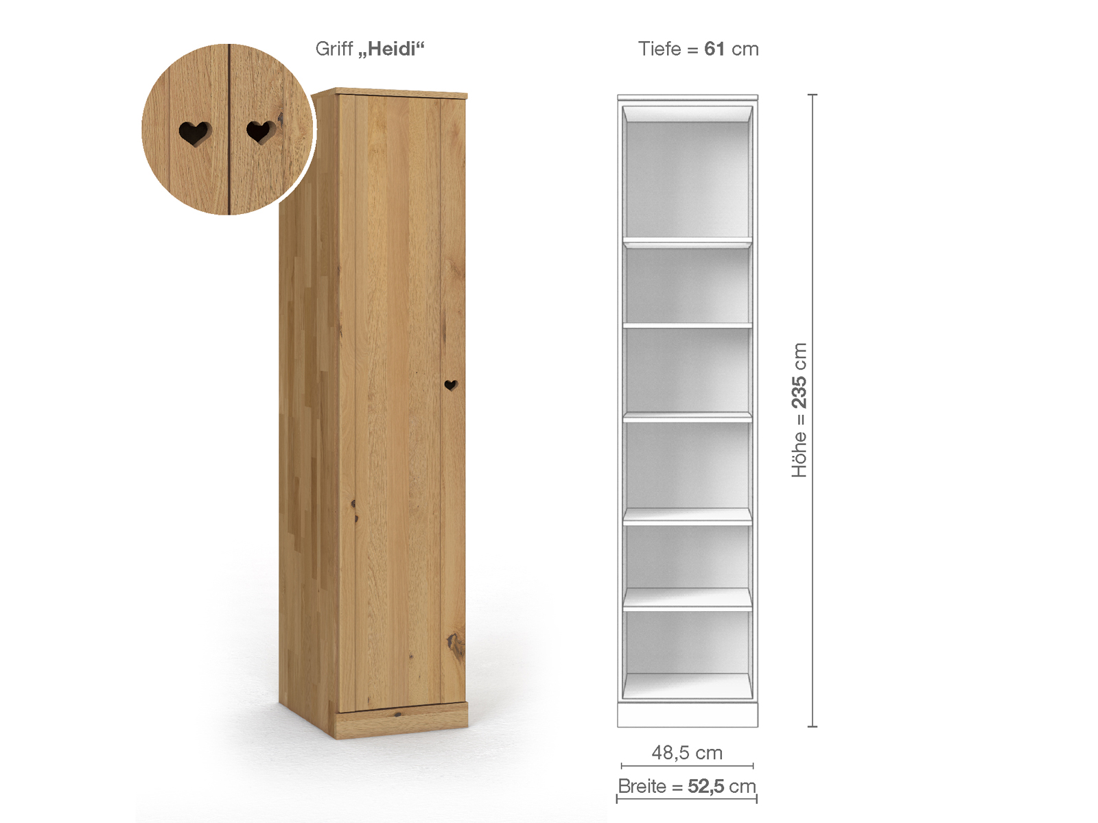 Wildeichenschrank Hell „Arnika“, 1-türig, Höhe 235 cm, Griffausführung „Heidi“, Inneneinrichtung B, Türanschlag links