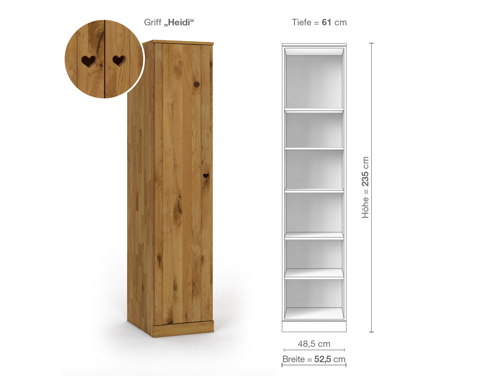 Wildeichenschrank „Arnika“, 1-türig, Höhe 235 cm, Griffausführung „Heidi“, Inneneinrichtung B, Türanschlag links