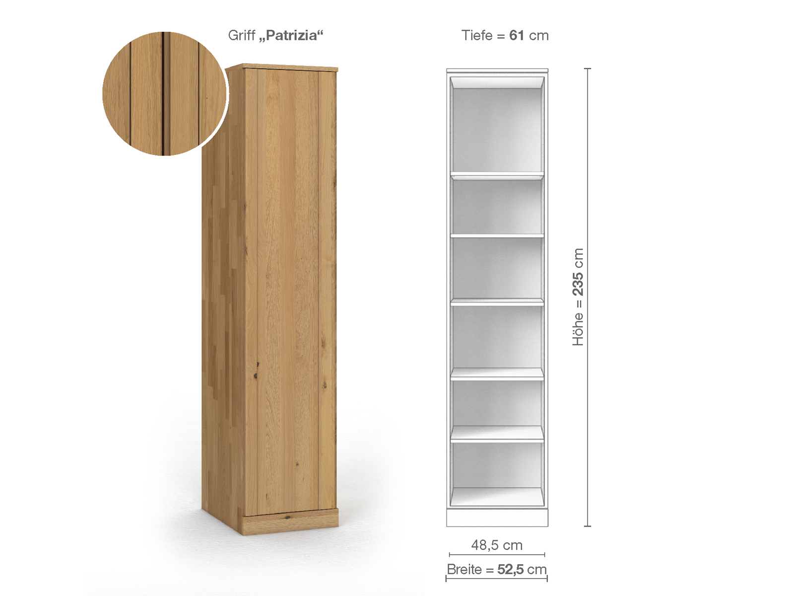 Wildeichenschrank Hell „Arnika“, 1-türig, Höhe 235 cm, Griffausführung „Patrizia“, Inneneinrichtung B, Türanschlag links