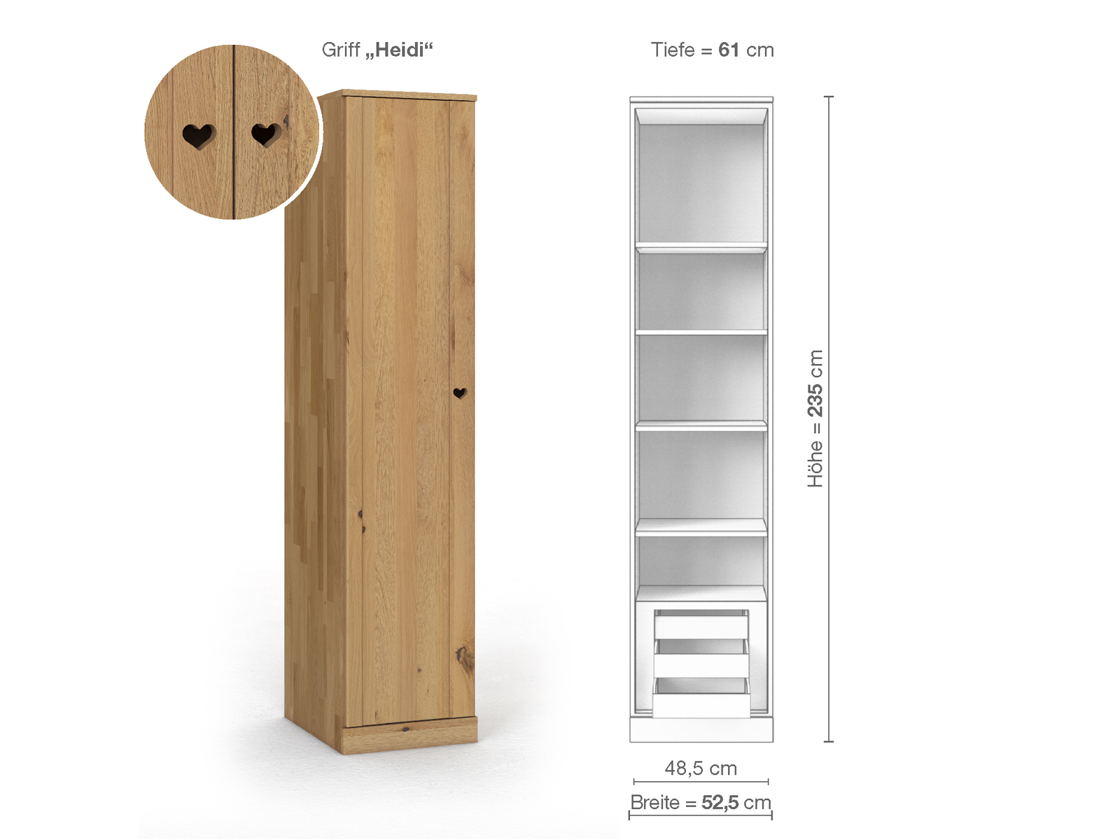 Wildeichenschrank Hell „Arnika“, 1-türig, Höhe 235 cm, Griffausführung „Heidi“, Inneneinrichtung C, Türanschlag links