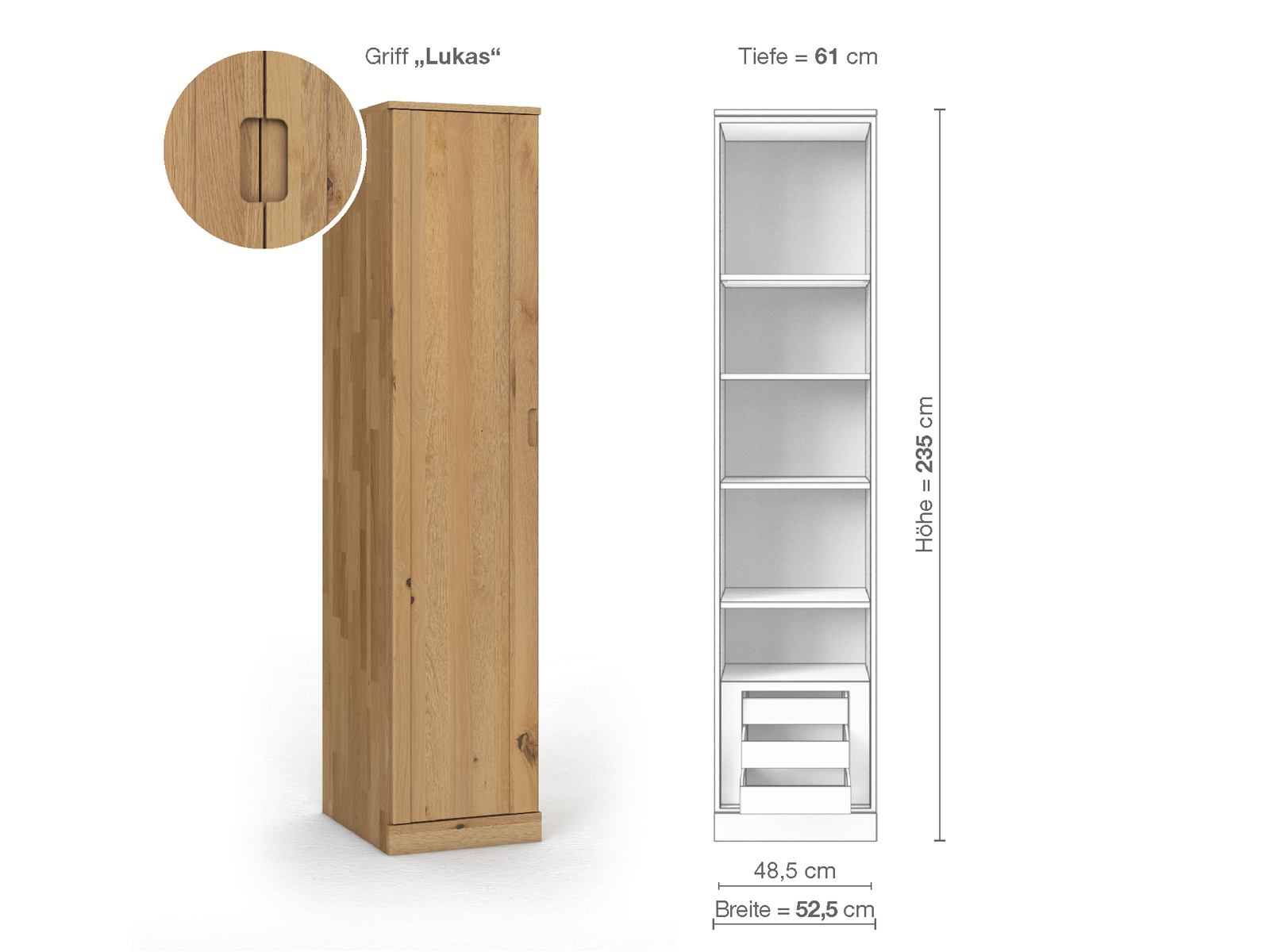 Wildeichenschrank Hell „Arnika“, 1-türig, Höhe 235 cm, Griffausführung „Lukas“, Inneneinrichtung C, Türanschlag links