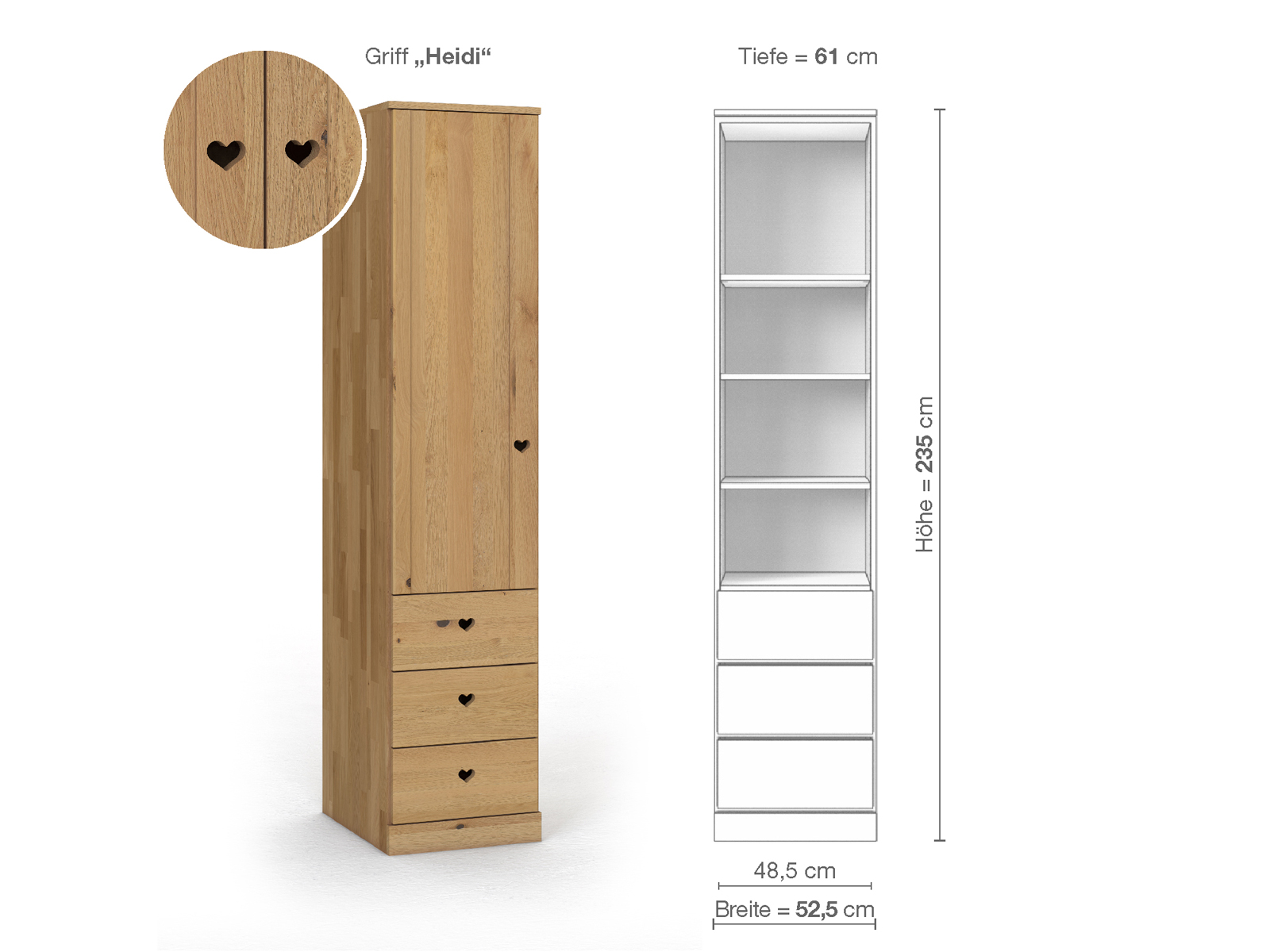 Wildeichenschrank Hell „Arnika“, 1-türig, Höhe 235 cm, Griffausführung „Heidi“, Inneneinrichtung D, Türanschlag links