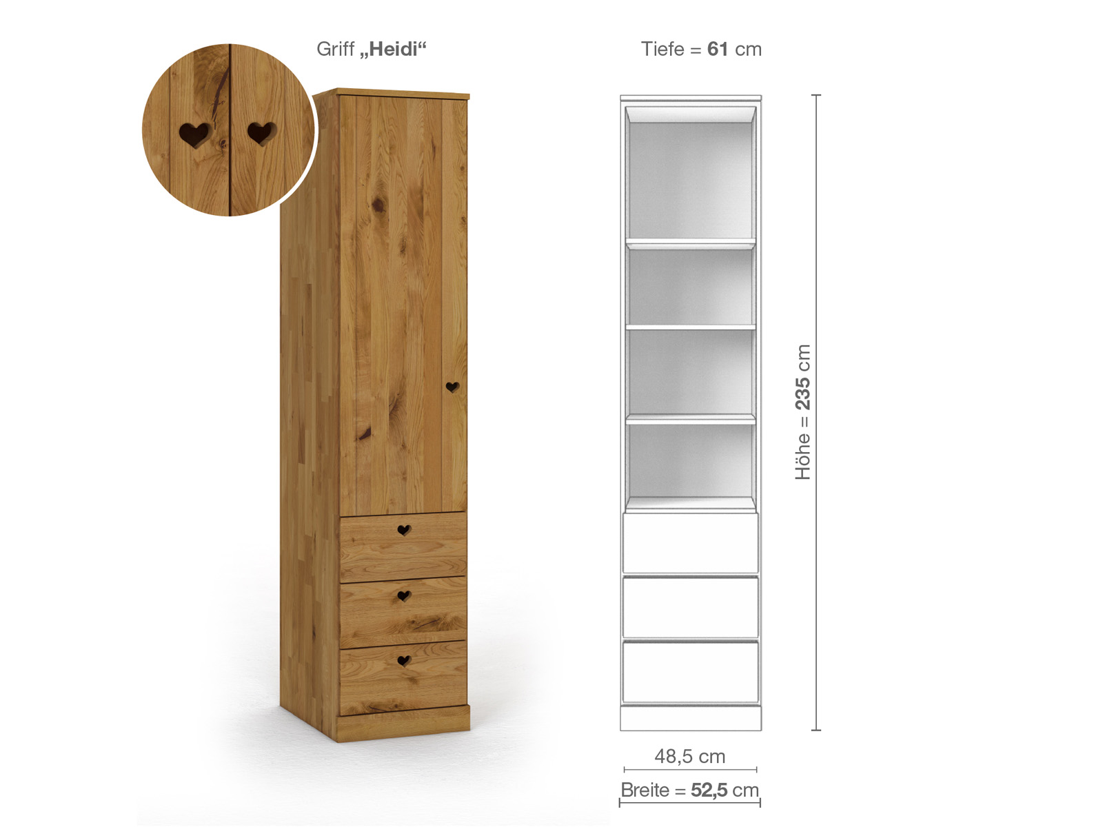 Wildeichenschrank „Arnika“, 1-türig, Höhe 235 cm, Griffausführung „Heidi“, Inneneinrichtung D, Türanschlag links