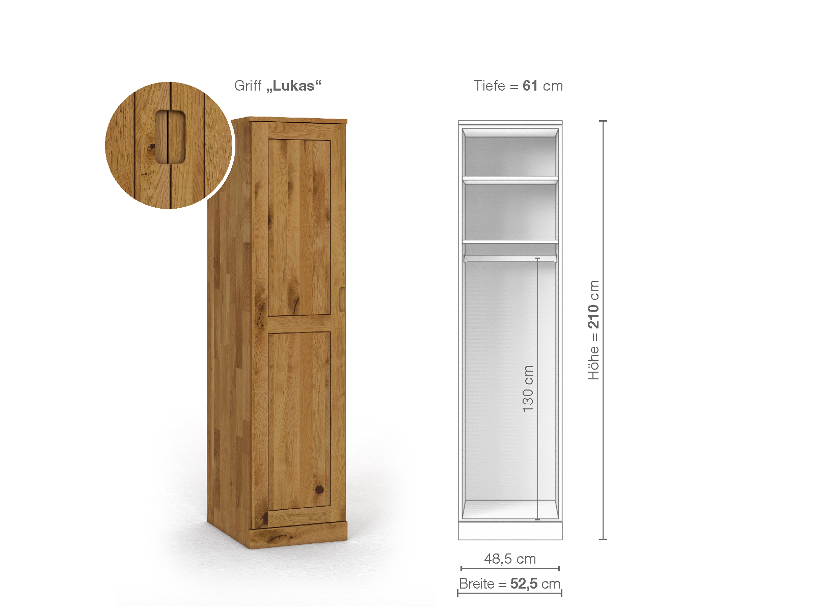 Wildeichenschrank „Edelweiß“, 1-türig, Höhe 210 cm, Griffausführung „Lukas“, Inneneinrichtung A, Türanschlag links