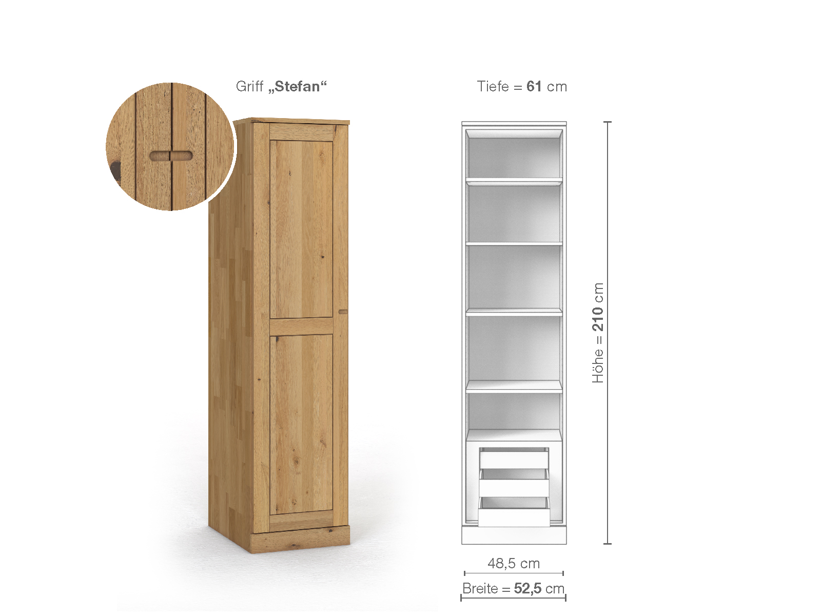 Schrank „Edelweiß“ aus Wildeiche Hell, 1-türig, Höhe 210 cm, Griffausführung „Stefan“, Inneneinrichtung C, Türanschlag links