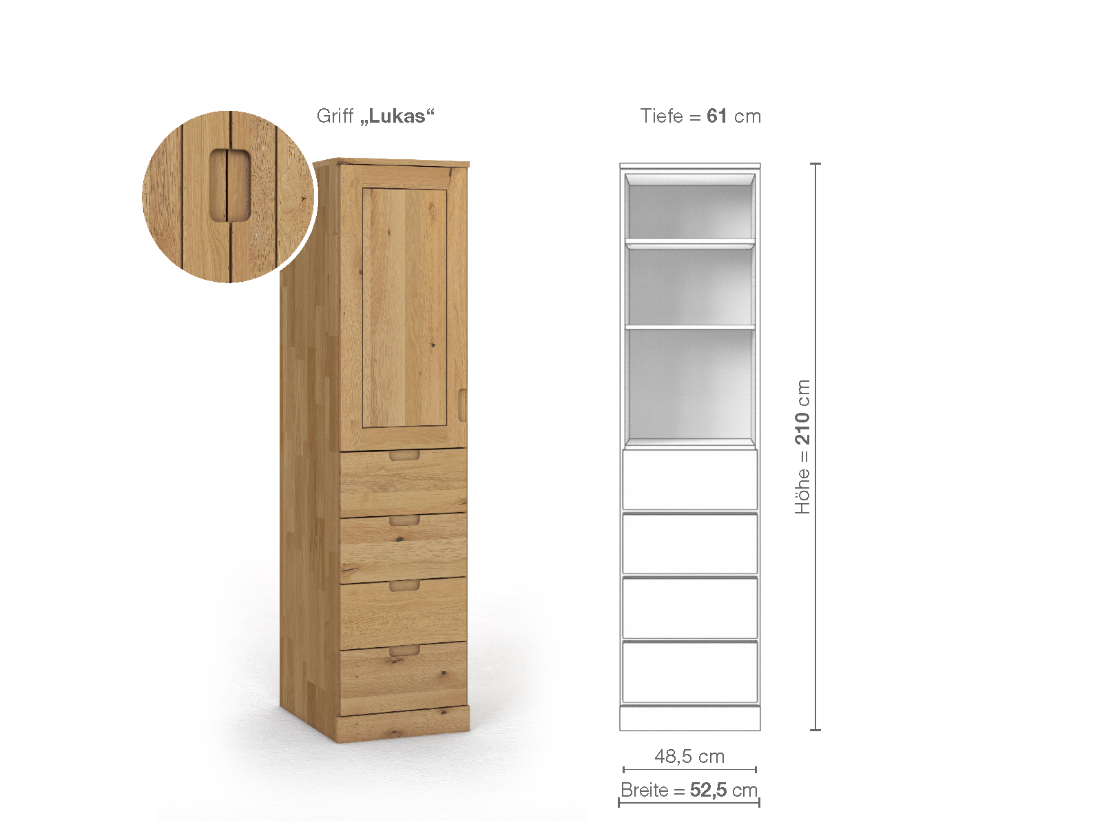 Schrank „Edelweiß“ aus Wildeiche Hell, 1-türig, Höhe 210 cm, Griffausführung „Lukas“, Inneneinrichtung D, Türanschlag links