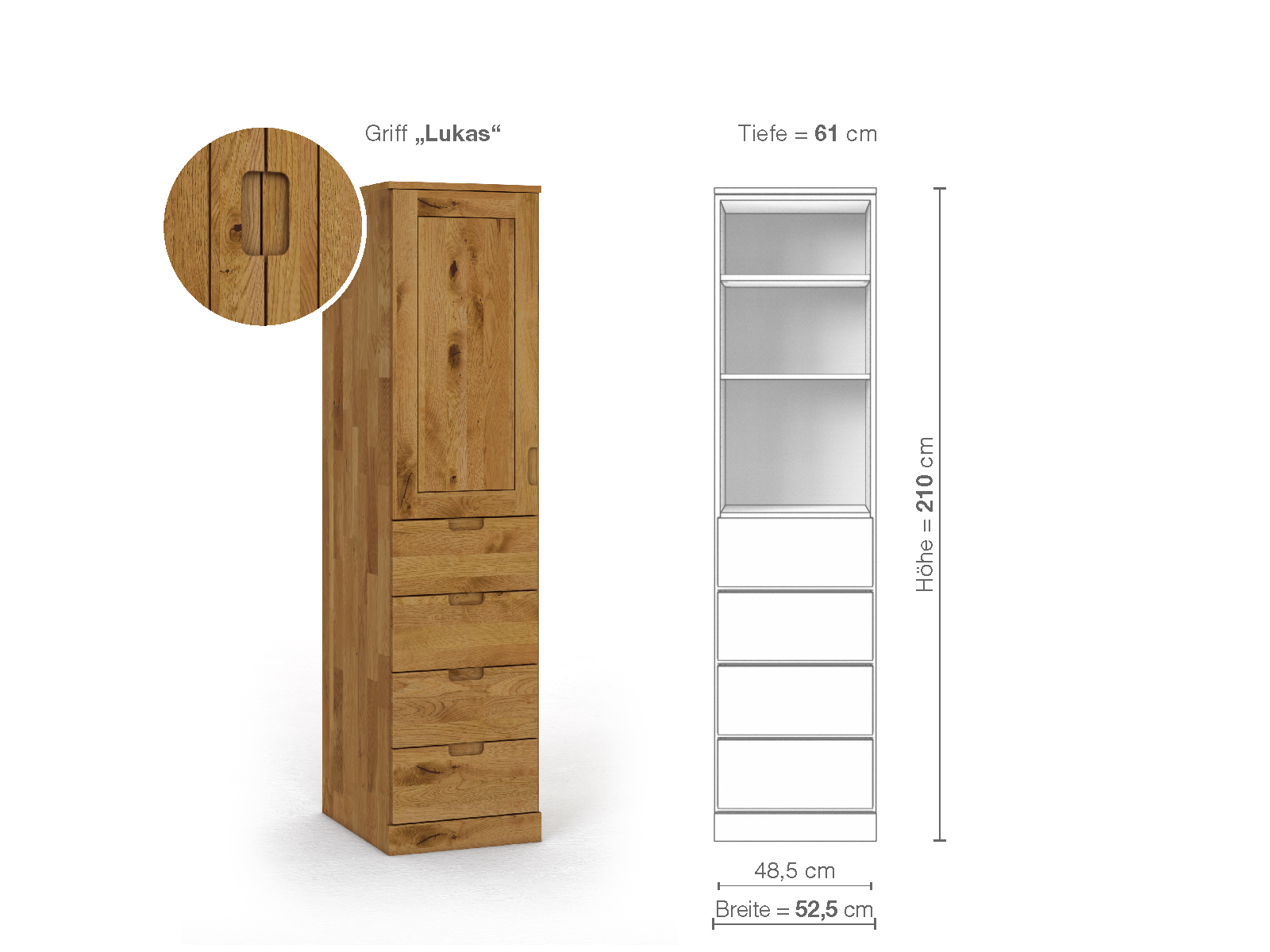 Wildeichenschrank „Edelweiß“, 1-türig, Höhe 210 cm, Griffausführung „Lukas“, Inneneinrichtung D, Türanschlag links