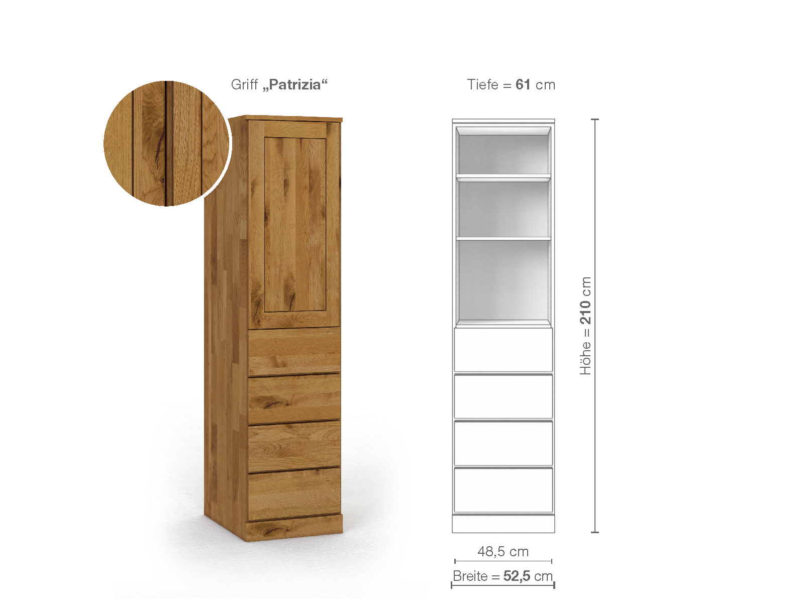 Wildeichenschrank „Edelweiß“, 1-türig, Höhe 210 cm, Griffausführung „Patrizia“, Inneneinrichtung D, Türanschlag links