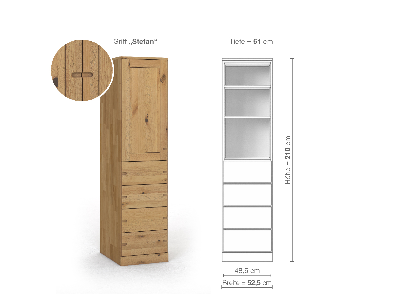 Schrank „Edelweiß“ aus Wildeiche Hell, 1-türig, Höhe 210 cm, Griffausführung „Stefan“, Inneneinrichtung D, Türanschlag links
