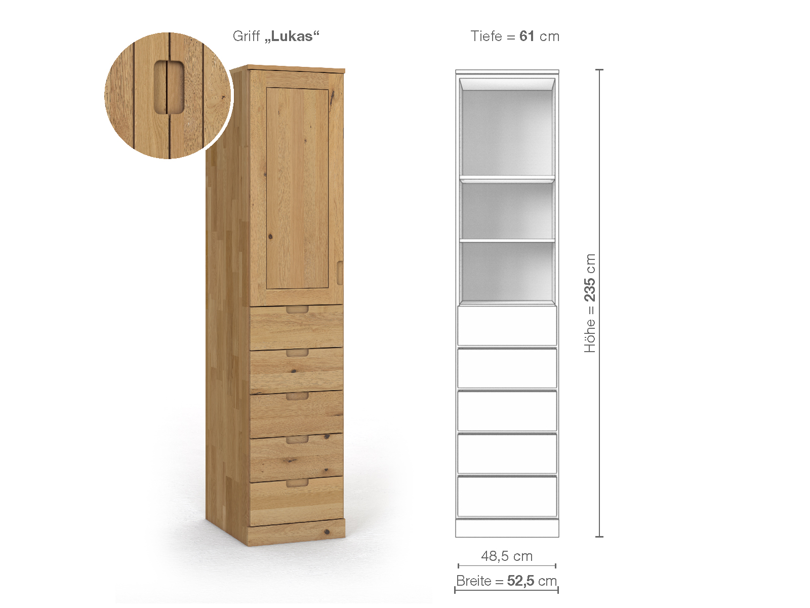 Schrank „Edelweiß“ aus Wildeiche Hell, 1-türig, Höhe 235 cm, Griffausführung „Lukas“, Inneneinrichtung D, Türanschlag links