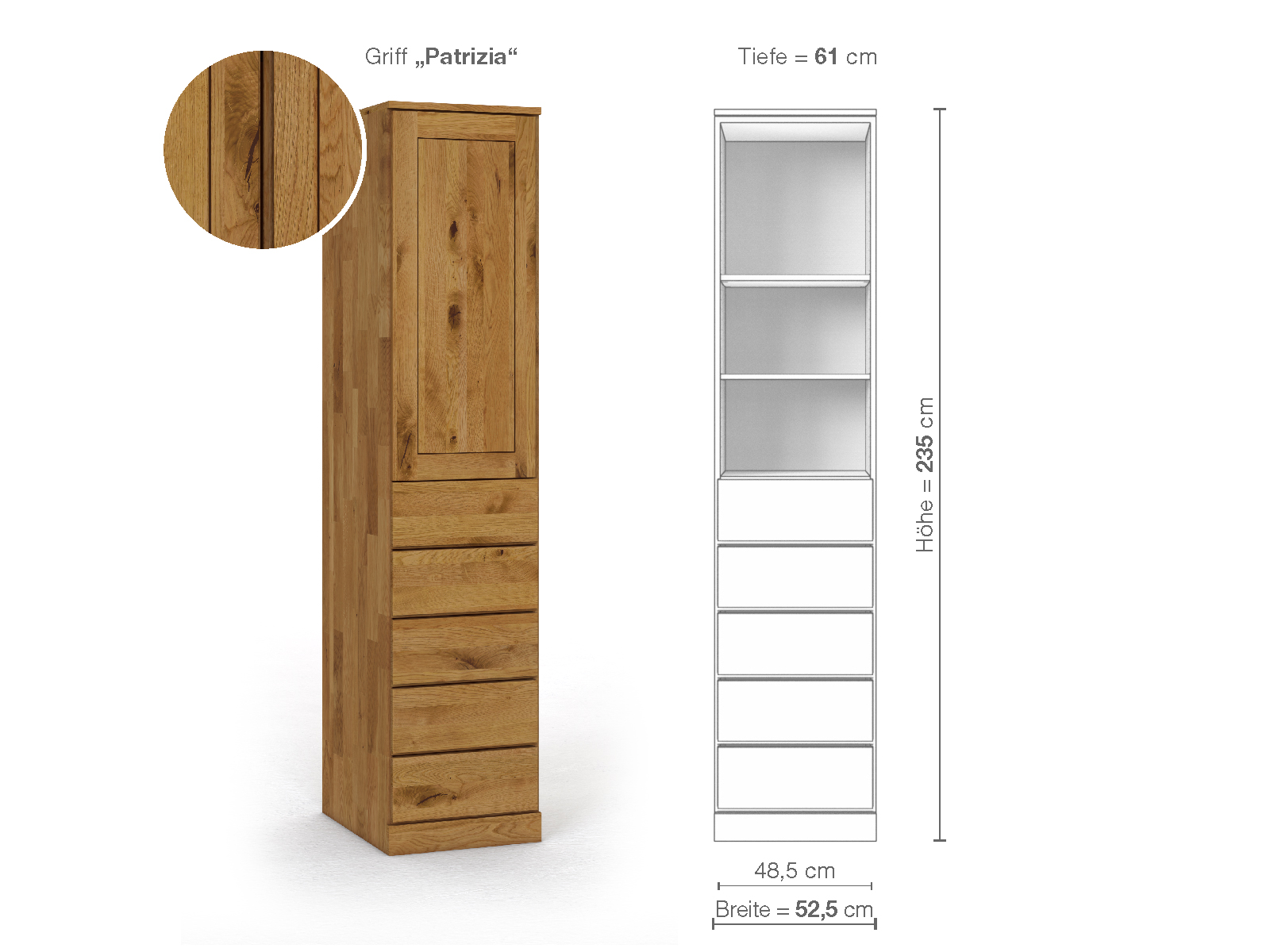 Wildeichenschrank „Edelweiß“, 1-türig, Höhe 235 cm, Griffausführung „Patrizia“, Inneneinrichtung D, Türanschlag links