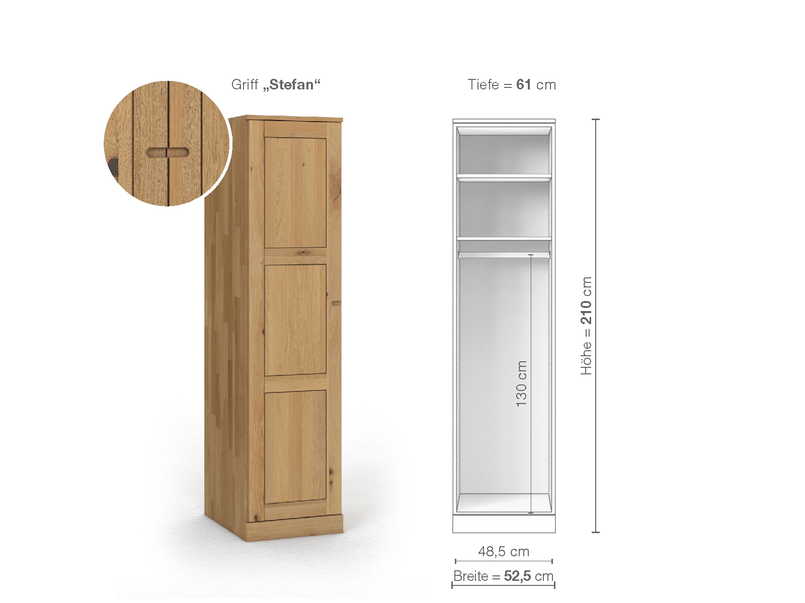 Wildeichenschrank Hell „Enzian“, 1-türig, Höhe 210 cm, Griffausführung „Stefan“, Inneneinrichtung A, Türanschlag links