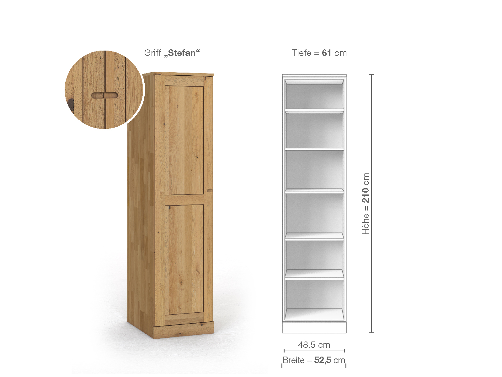 Wildeichenschrank Hell „Enzian“, 1-türig, Höhe 210 cm, Griffausführung „Stefan“, Inneneinrichtung B, Türanschlag links