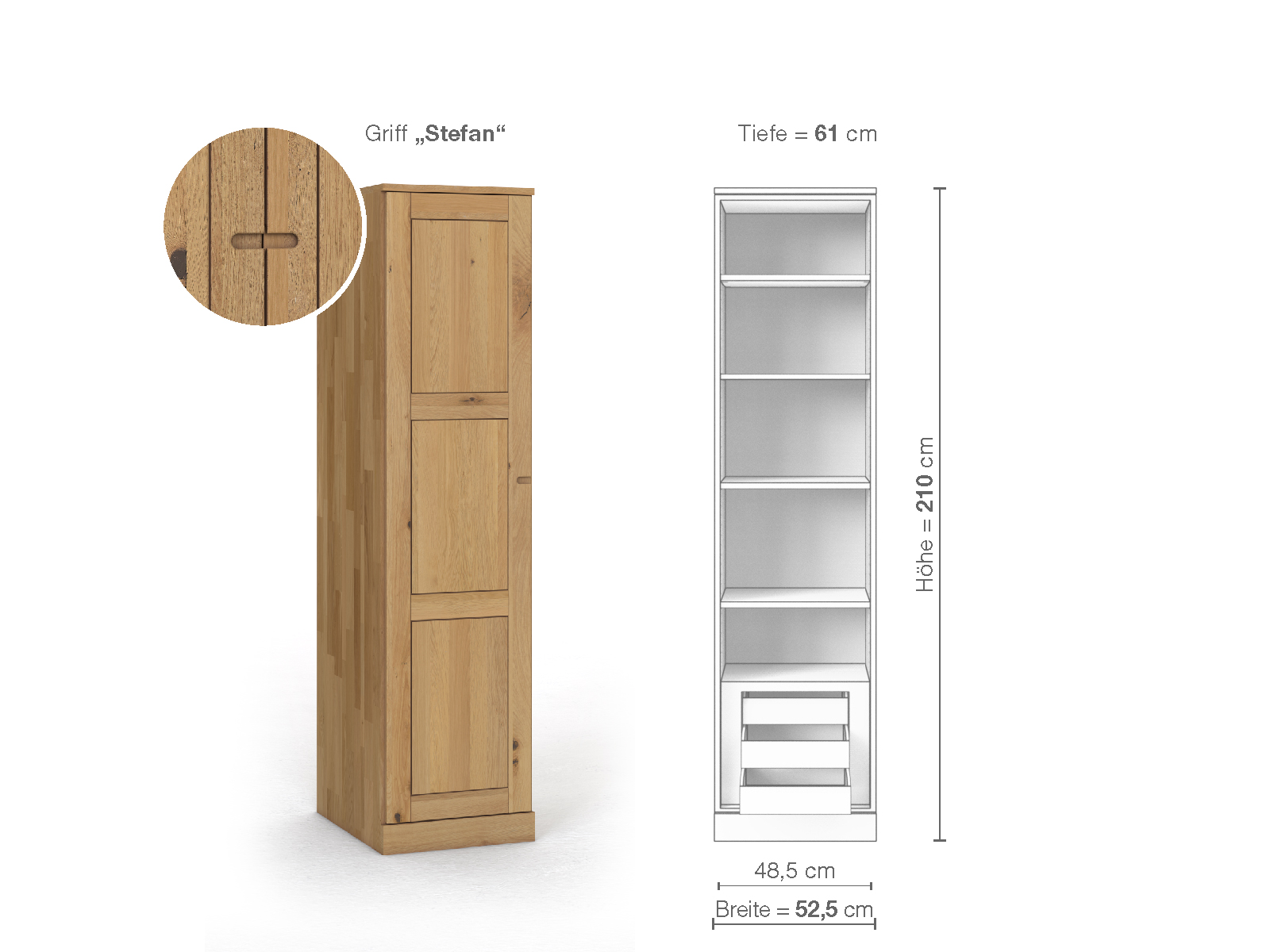 Wildeichenschrank Hell „Enzian“, 1-türig, Höhe 210 cm, Griffausführung „Stefan“, Inneneinrichtung C, Türanschlag links