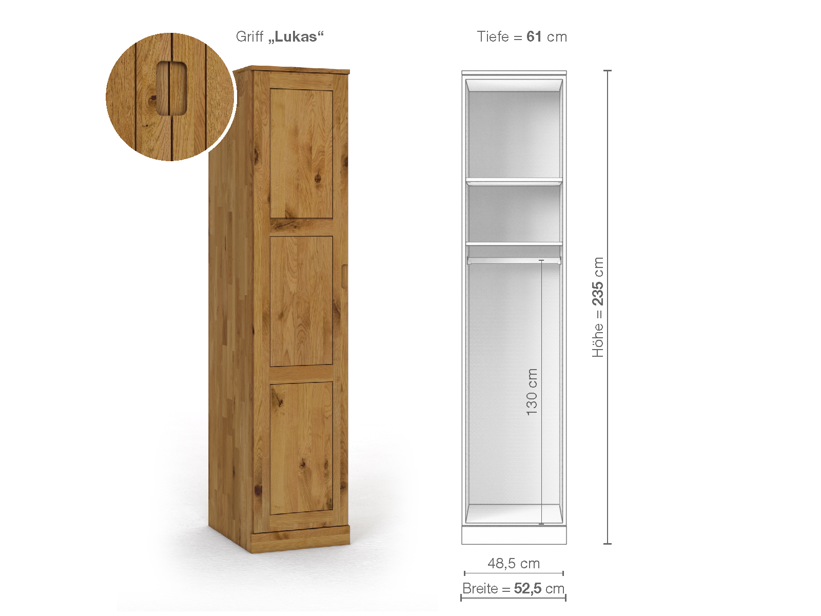 Wildeichenschrank „Enzian“, 1-türig, Höhe 235 cm, Griffausführung „Lukas“, Inneneinrichtung A, Türanschlag links