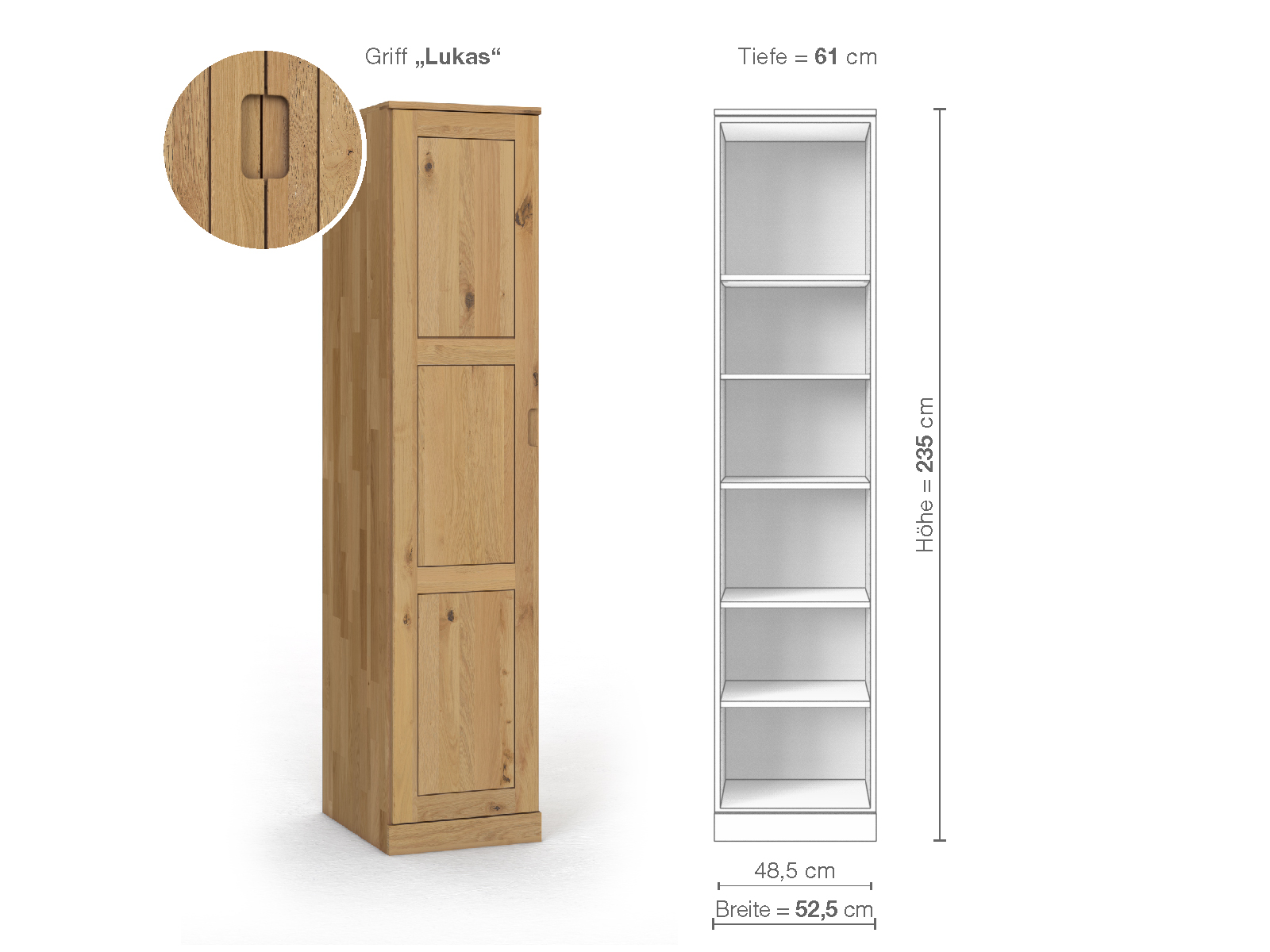 Wildeichenschrank Hell „Enzian“, 1-türig, Höhe 235 cm, Griffausführung „Lukas“, Inneneinrichtung B, Türanschlag links