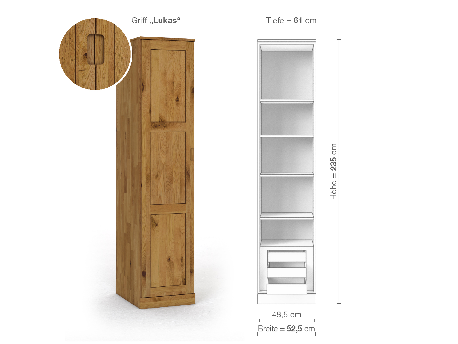 Wildeichenschrank „Enzian“, 1-türig, Höhe 235 cm, Griffausführung „Lukas“, Inneneinrichtung C, Türanschlag links