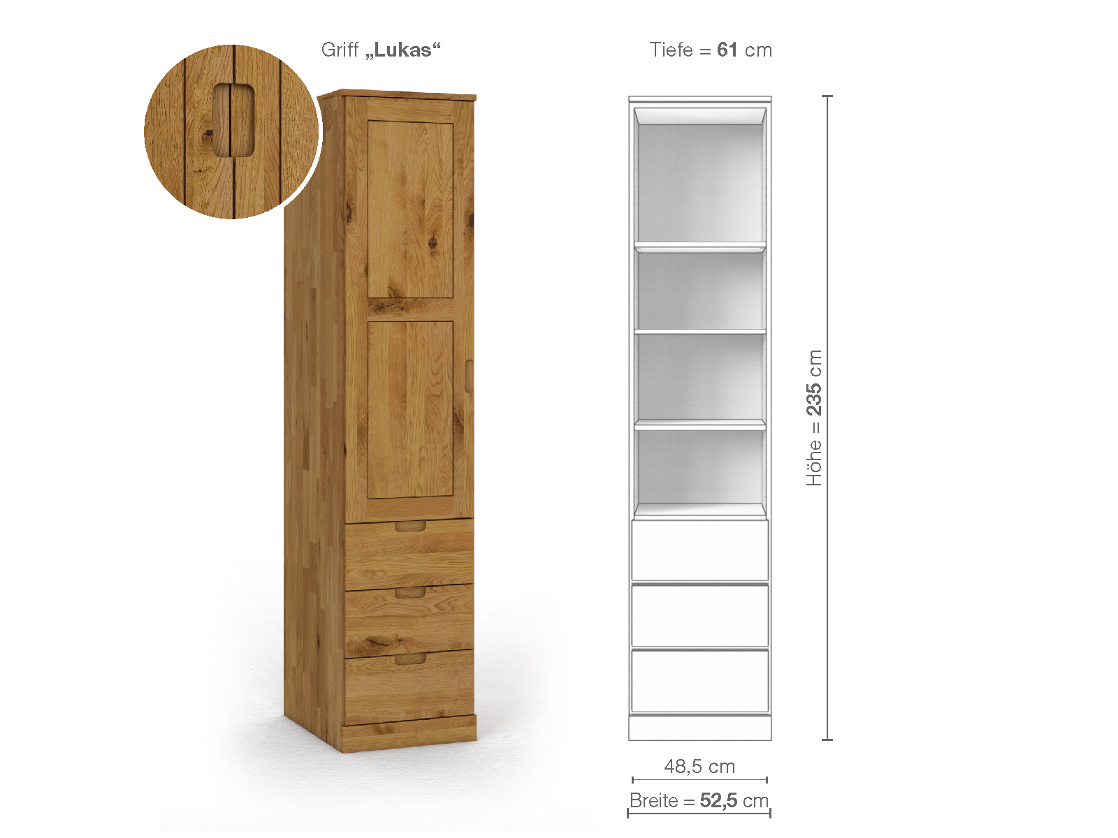 Wildeichenschrank „Enzian“, 1-türig, Höhe 235 cm, Griffausführung „Lukas“, Inneneinrichtung D, Türanschlag links