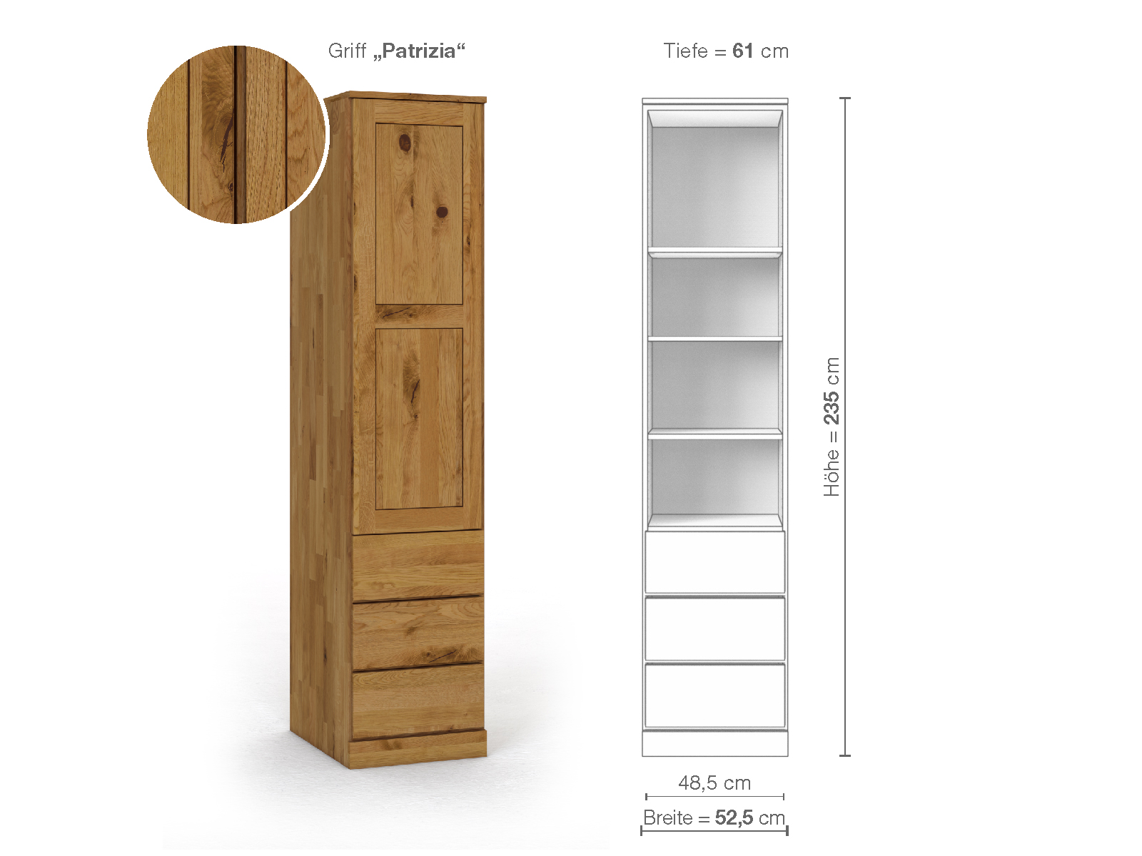 Wildeichenschrank „Enzian“, 1-türig, Höhe 235 cm, Griffausführung „Patrizia“, Inneneinrichtung D, Türanschlag links